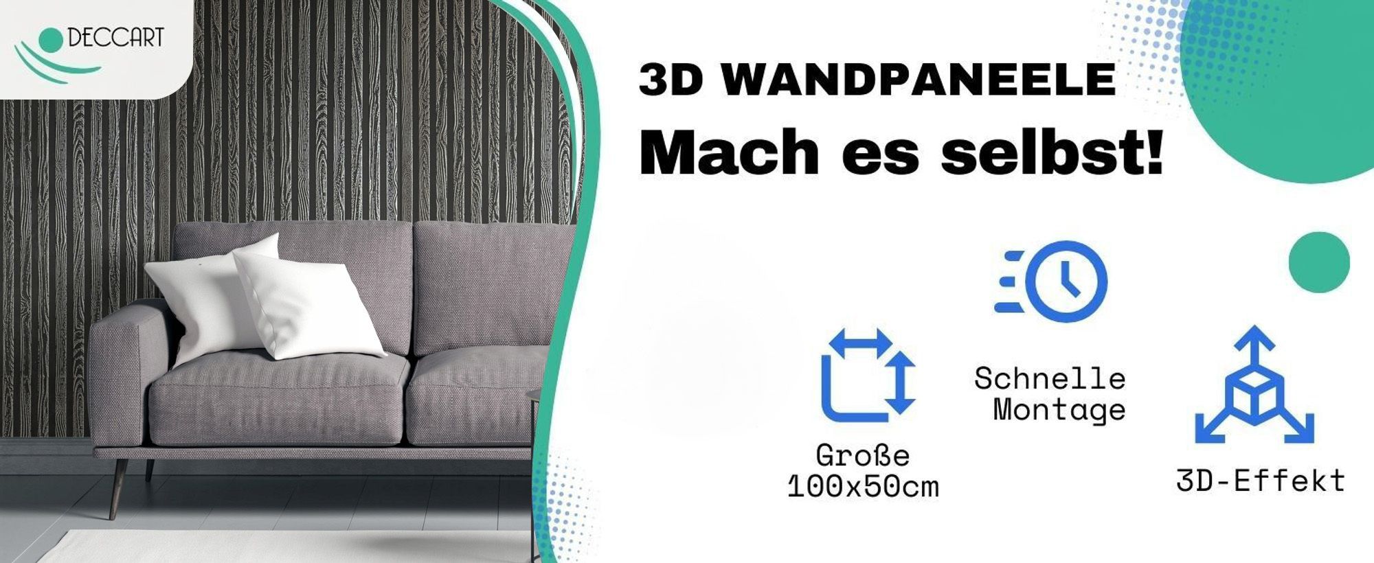 DECCART | 3D-Deckenplatten | Schwarz-silberne Wandpaneele | Lamellen | 100x50cm | 0,5m2