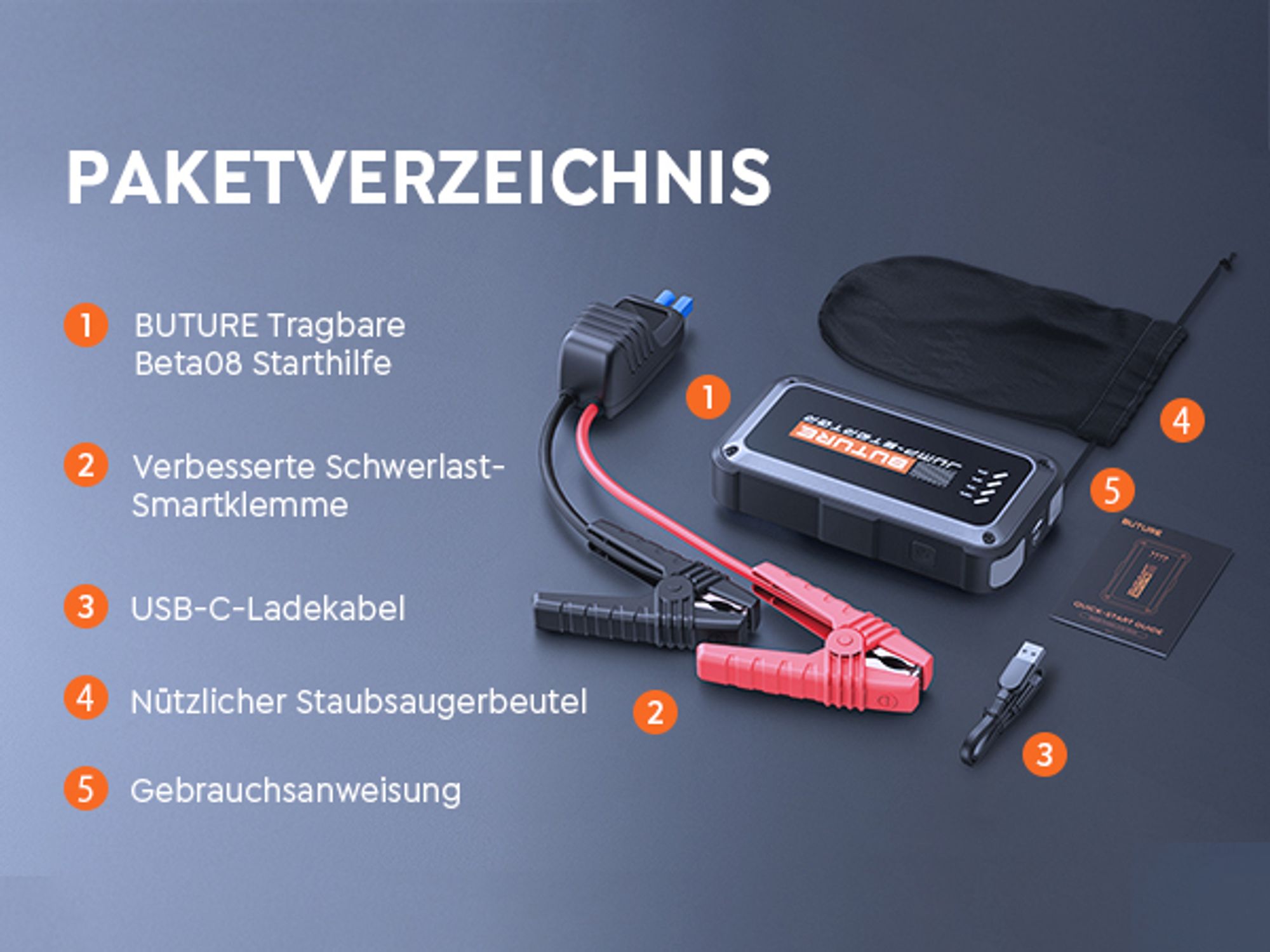 Buture Starthilfe Powerbank, 3000A Spitzenstrom, PD45W Schnellladung, Starter Powerbank Auto Starthilfe, Vier in Eins, Jump Starter, Beta08