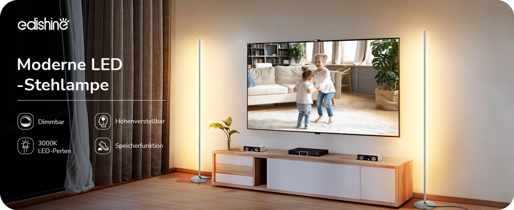 EDISHINE Stehlampe höhenverstellbar, LED Stehleuchte Dimmbar Wohnzimmer, Silber