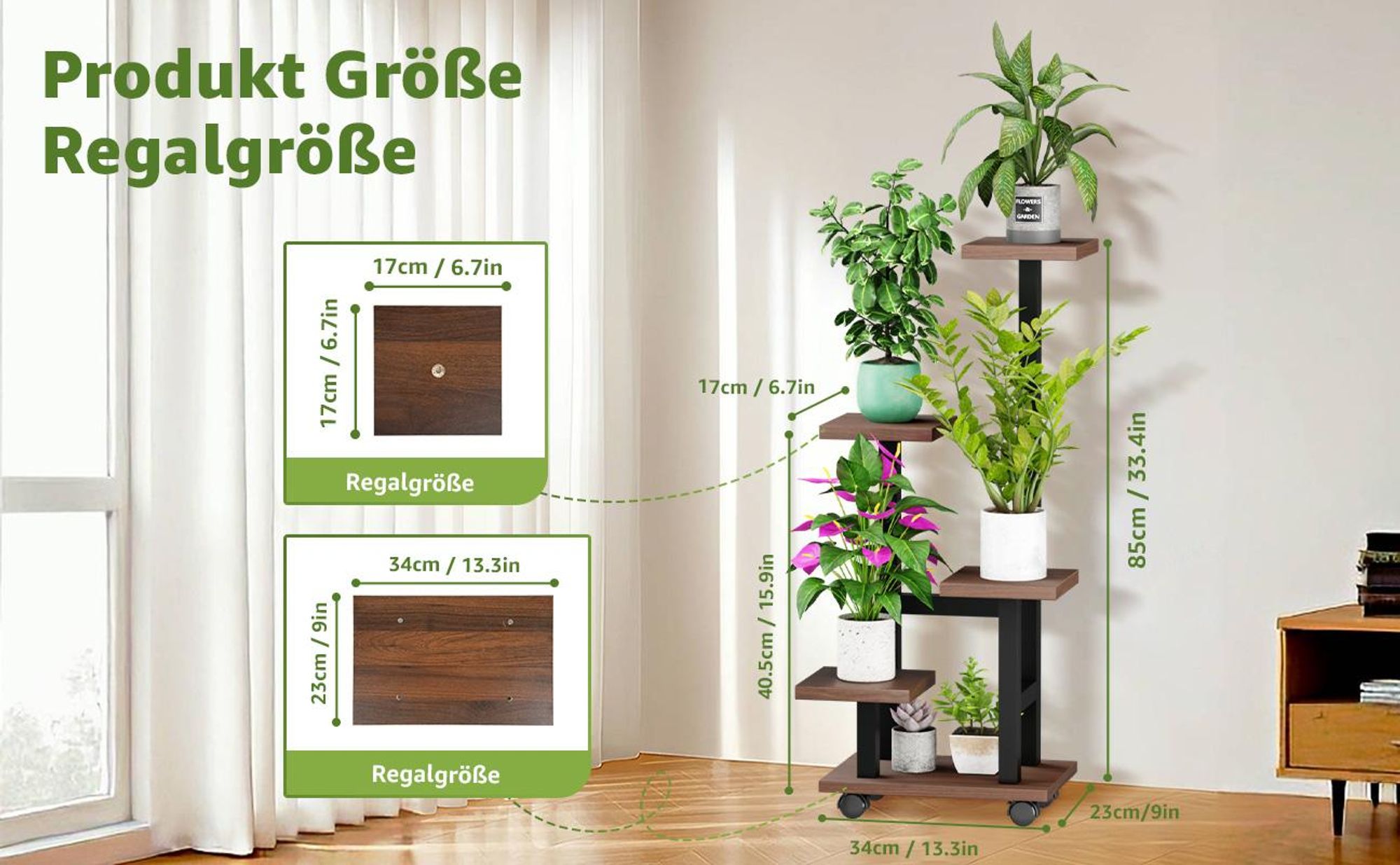 Mulisoft 5-Tier Hölzern Blumenregal Pflanzenregal, Mehrstöckig Blumenständer Pflanzenständer, Blumenbank Blumentreppe Pflanzentreppe, Standregal für Innen Garten Balkon Deko mit Rollen, Braun