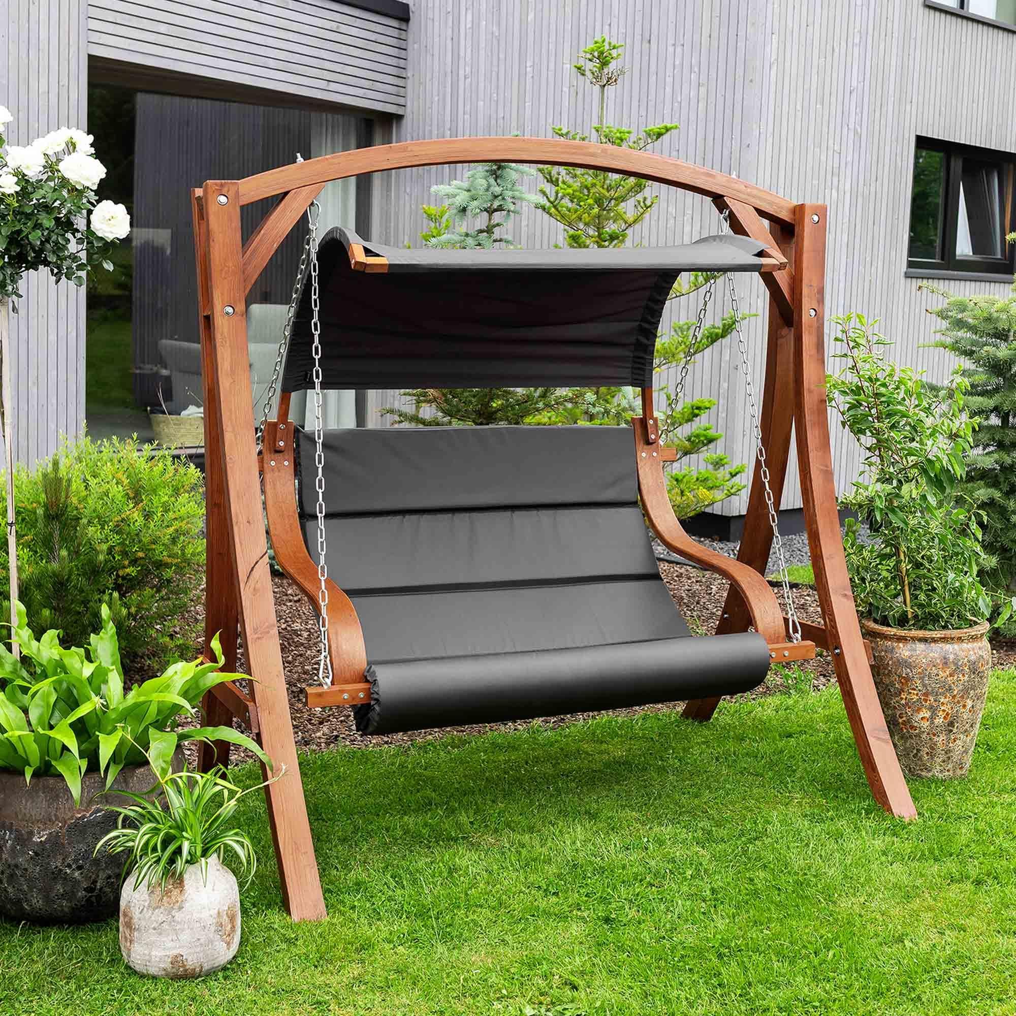 di volio Hollywoodschaukel Pergia grau, Gartenschaukel aus Holz, Outdoor Hängesessel mit Gestell für 2 Personen, mit Sonnendach, wetterfest & robust