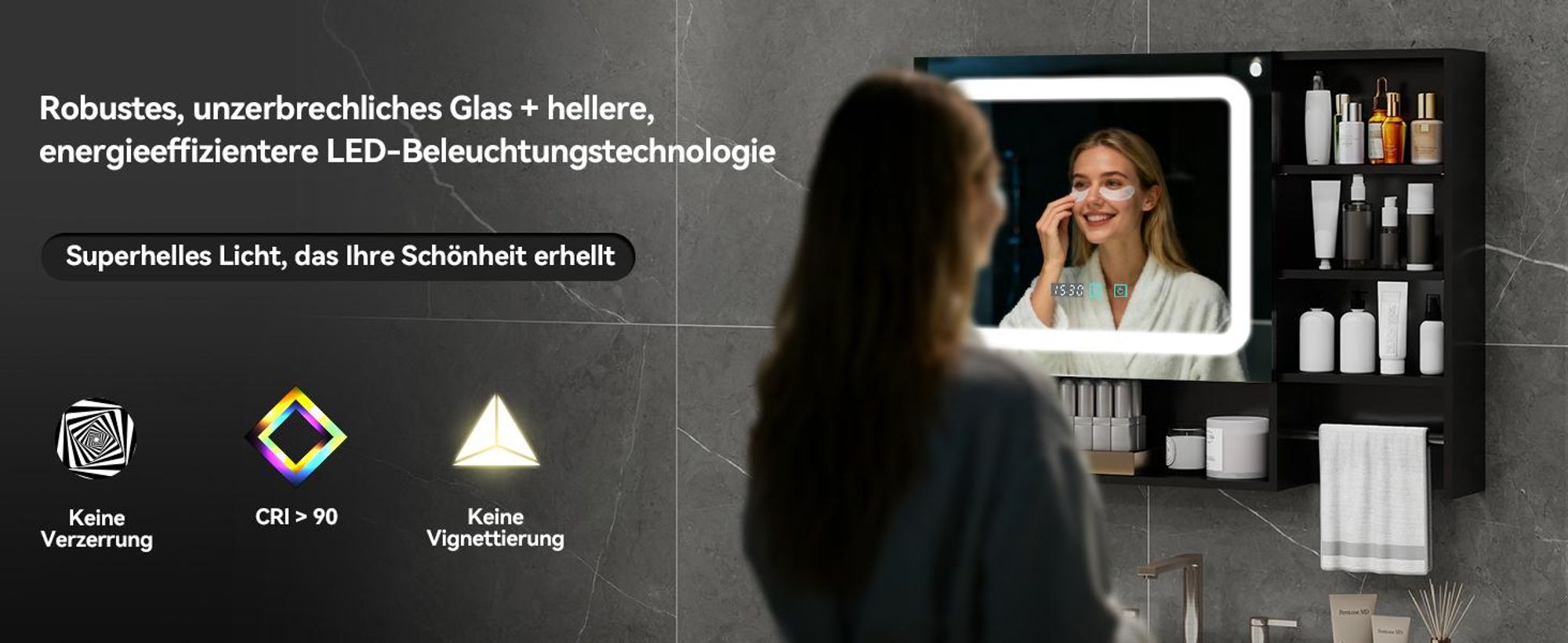 Puluomis Spiegelschrank Bad 80cm mit 3 färbiger dimmbarer Beleuchtung, Digitaler Uhr Handtuchhalter Antibeschlag Badezimmerschrank Wandschrank schwarz