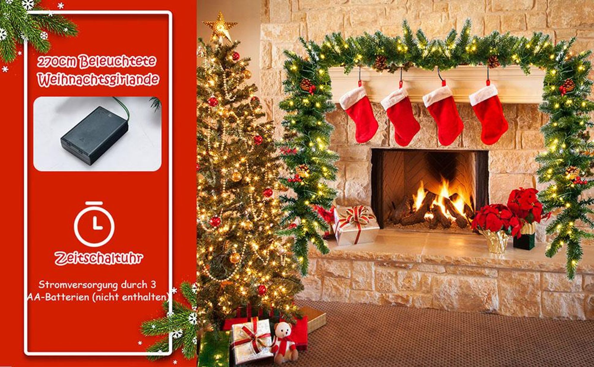 COSTWAY 270cm Weihnachtsgirlande mit 100 warmweißen LEDs, künstliche Tannengirlande mit Kiefernzapfen, roten Beeren & Timer, Christmas Girlande
