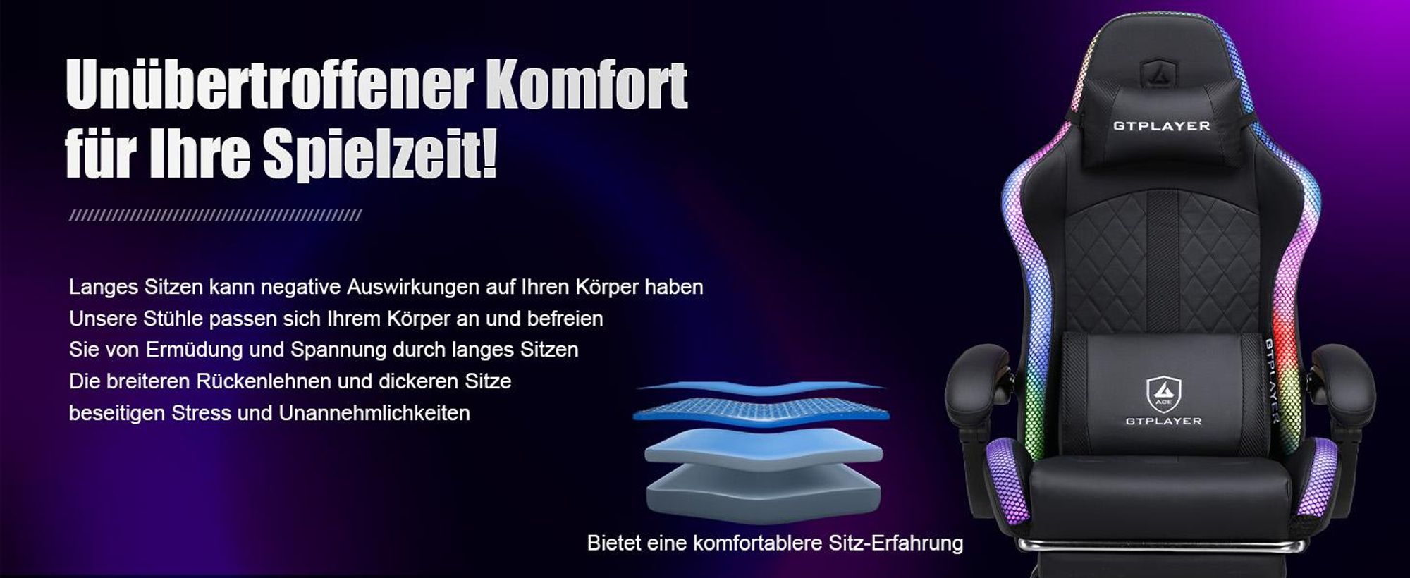 GTPLAYER Gaming Stuhl mit Lautsprecher und LED, Bürostuhl Gaming Chair Gamer Stuhl, Rückenlehne mit Aufbewahrungstasche Ergonomischer PC Stuhl schwarz