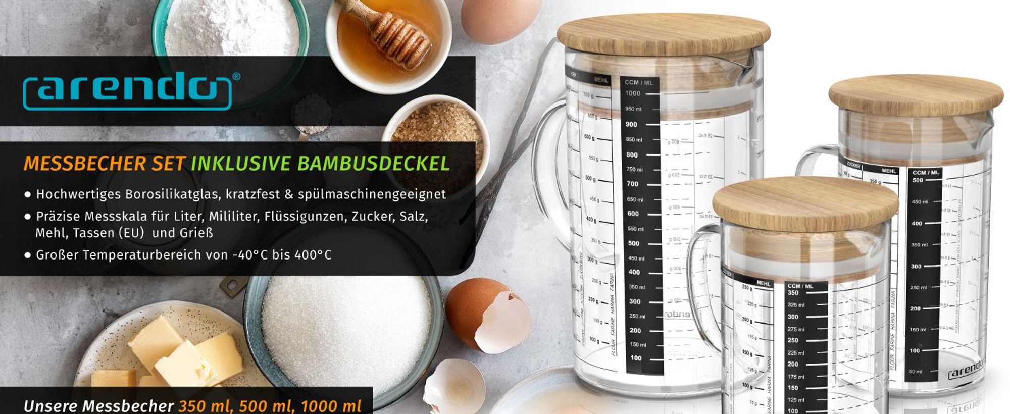 Arendo Messbecher-Set aus Glas mit Bambusdeckel, Übersicht