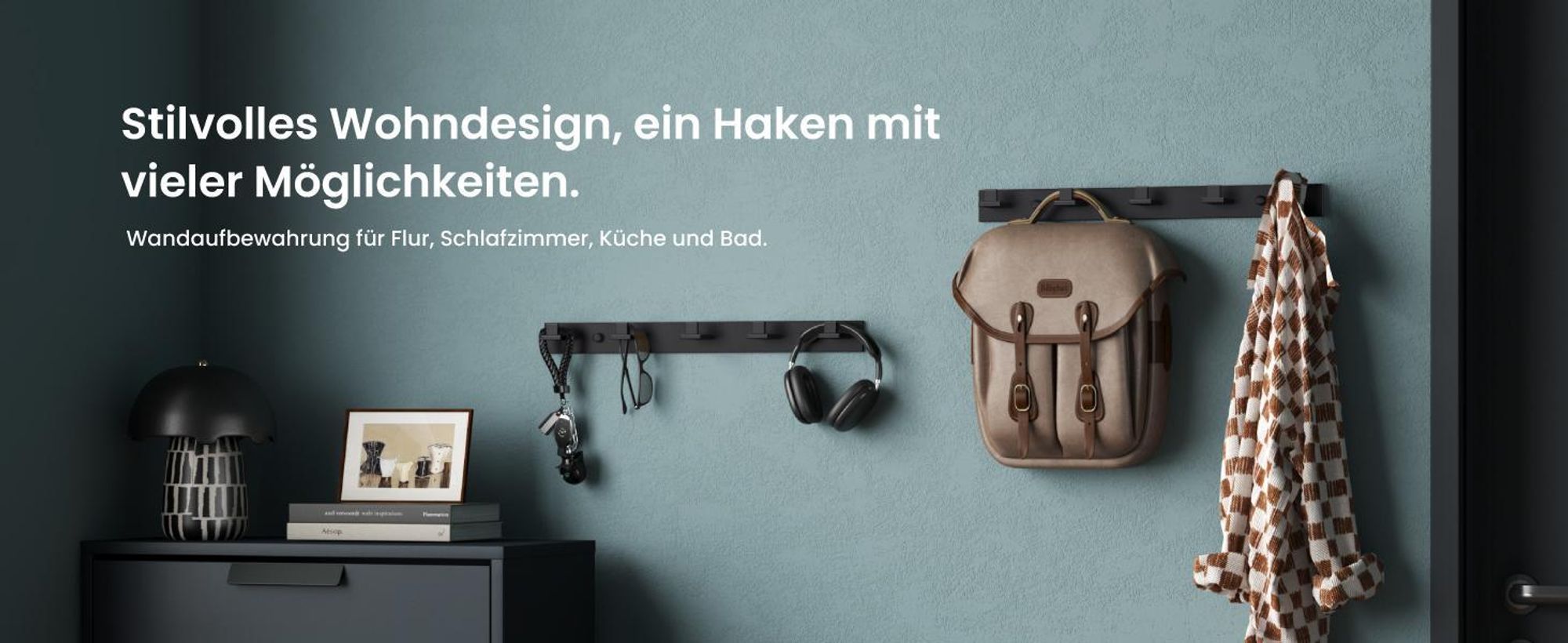 Mai & Mai Kleiderhaken Wandgarderobe Wandhaken aus Edelstahl mit 5 Haken Garderobenleiste Garderobenhaken 46cm Matt weiß Stalo-07