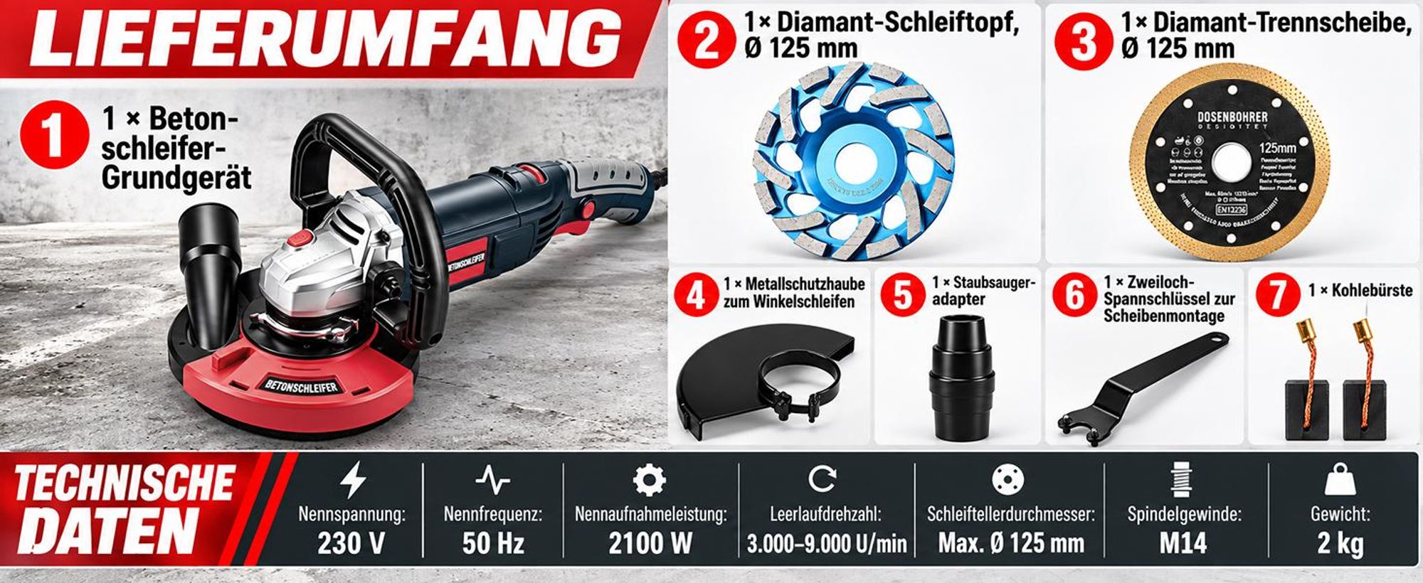 9000U/min 2100W Betonschleifer mit Ø125mm Diamantschleiftopf Trennscheibe Schutzhaube, Betonfräse Sanierungsfräse Winkelschleifer Putzfräse Mauerfräse