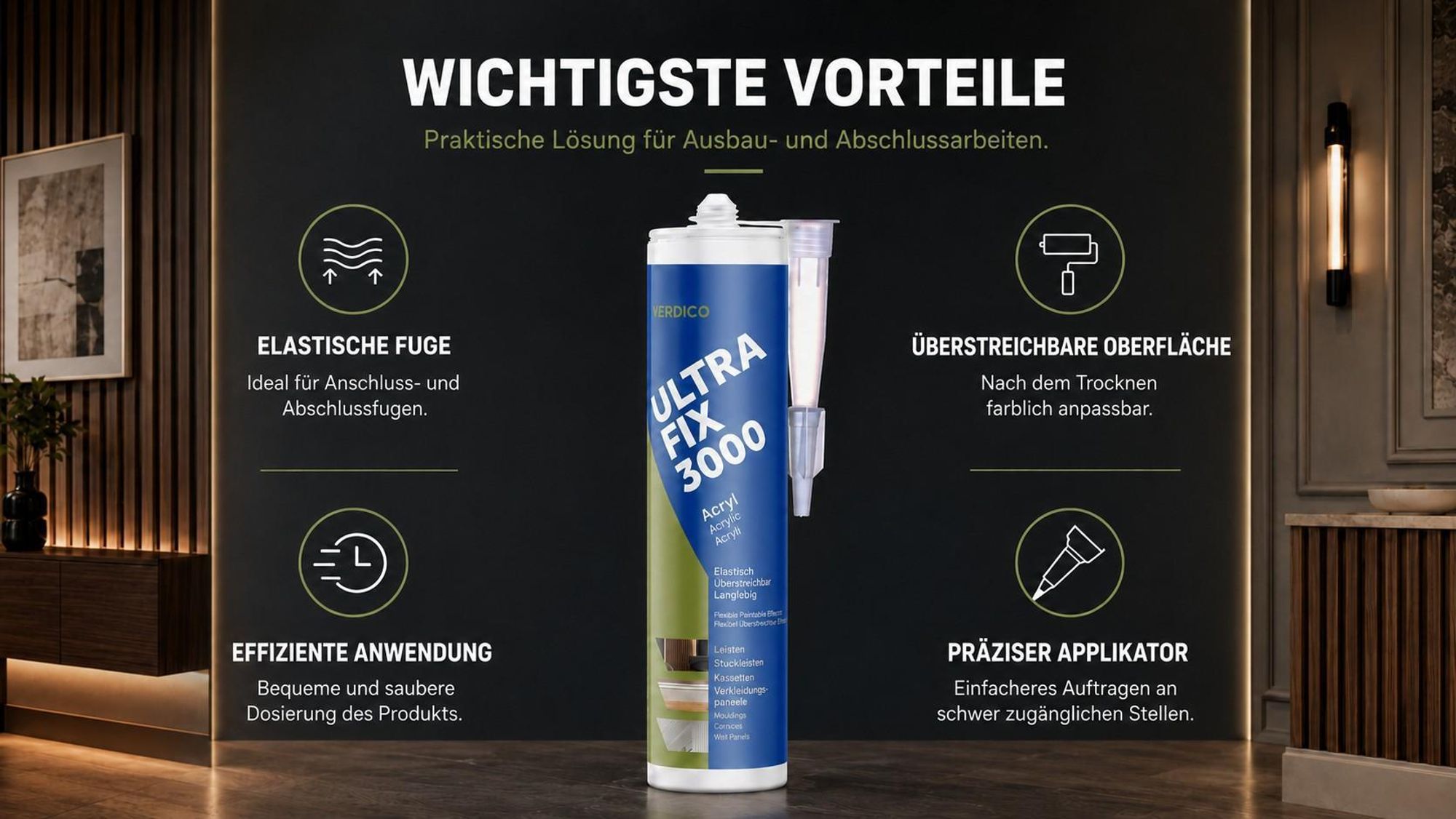 Ultra Fix 3000 Acrylkleber mit Vorteilen wie elastische Fuge und präziser Applikator.