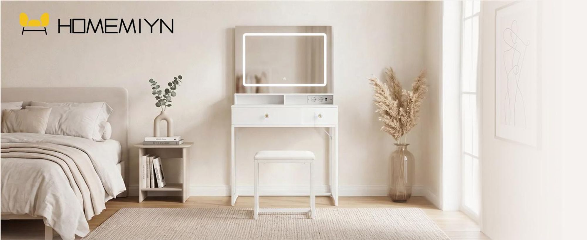 Coiffeuse avec Miroir et Tabouret avec Éclairage LED et Prise  3 Couleurs de Lumière Réglables, 2 Tiroirs, Panneau en Bois Composite, 80×40×140cm