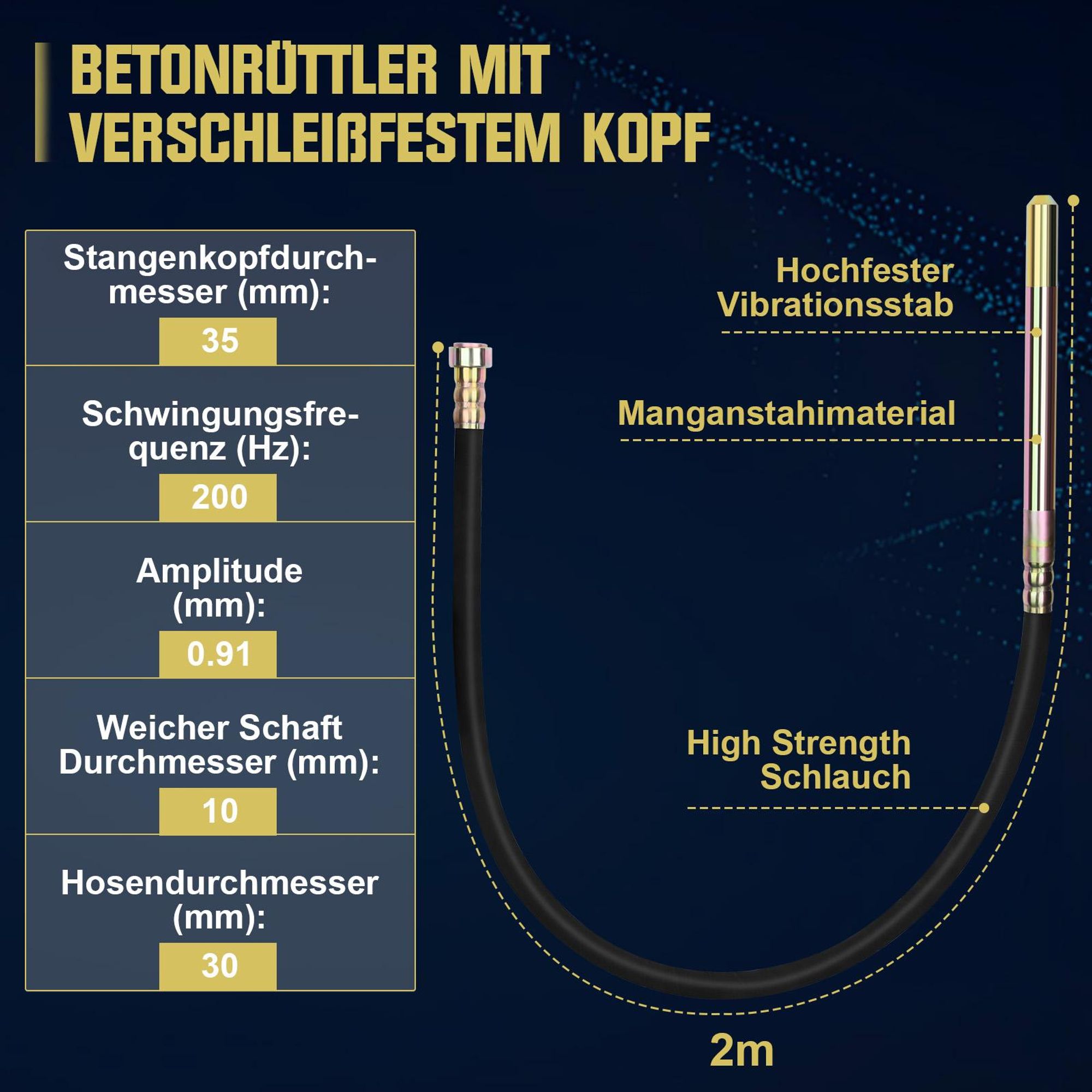 Betonrüttler 1800W mit 1.5m SCHLAUCHLÄNGE, Elektro Betonverdichter, 35 mm Flaschenrüttler, Rührwellendrehzahl 6000 U/min, Beton Rüttelflasche