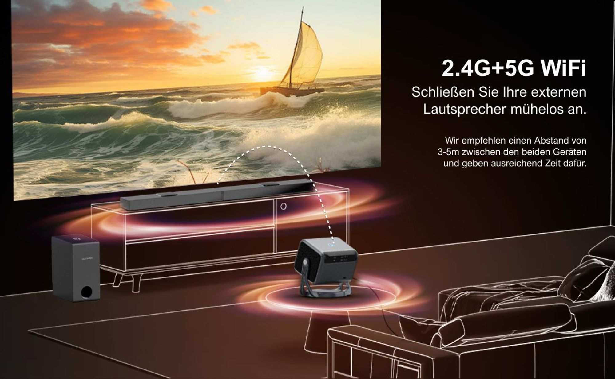 ULTIMEA Nova C40 Beamer mit 4K Dekodierung und Android TV 11.0 Beamer 1000:1, Dolby Audio, 900 ANSI, HDR10&HLG, mit 90° Gimbal Stand-freiem Design
