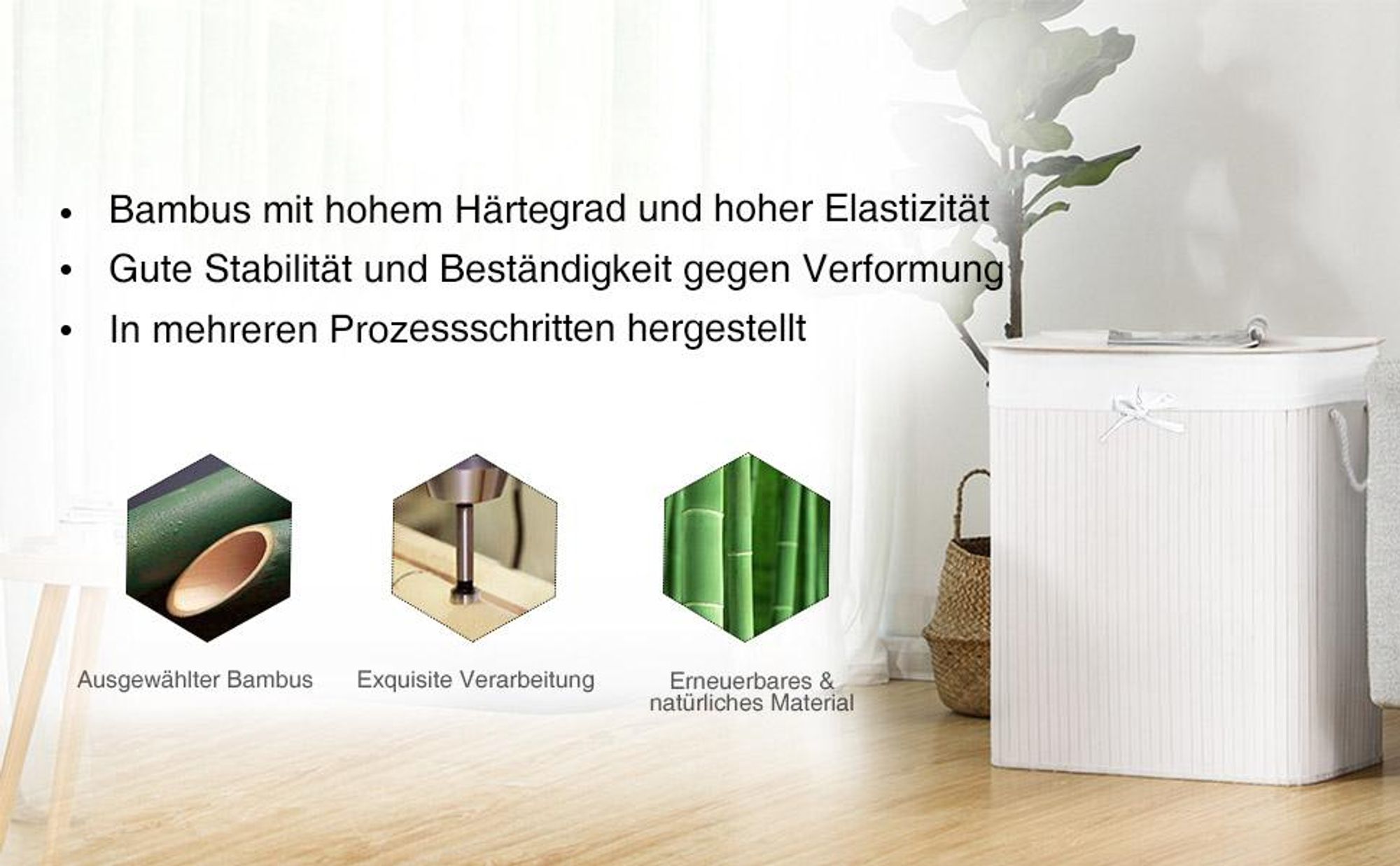 SONGMICS Wäschekorb, aus Bambus, mit 2 Fächern, herausnehmbar, 100 L, weiß