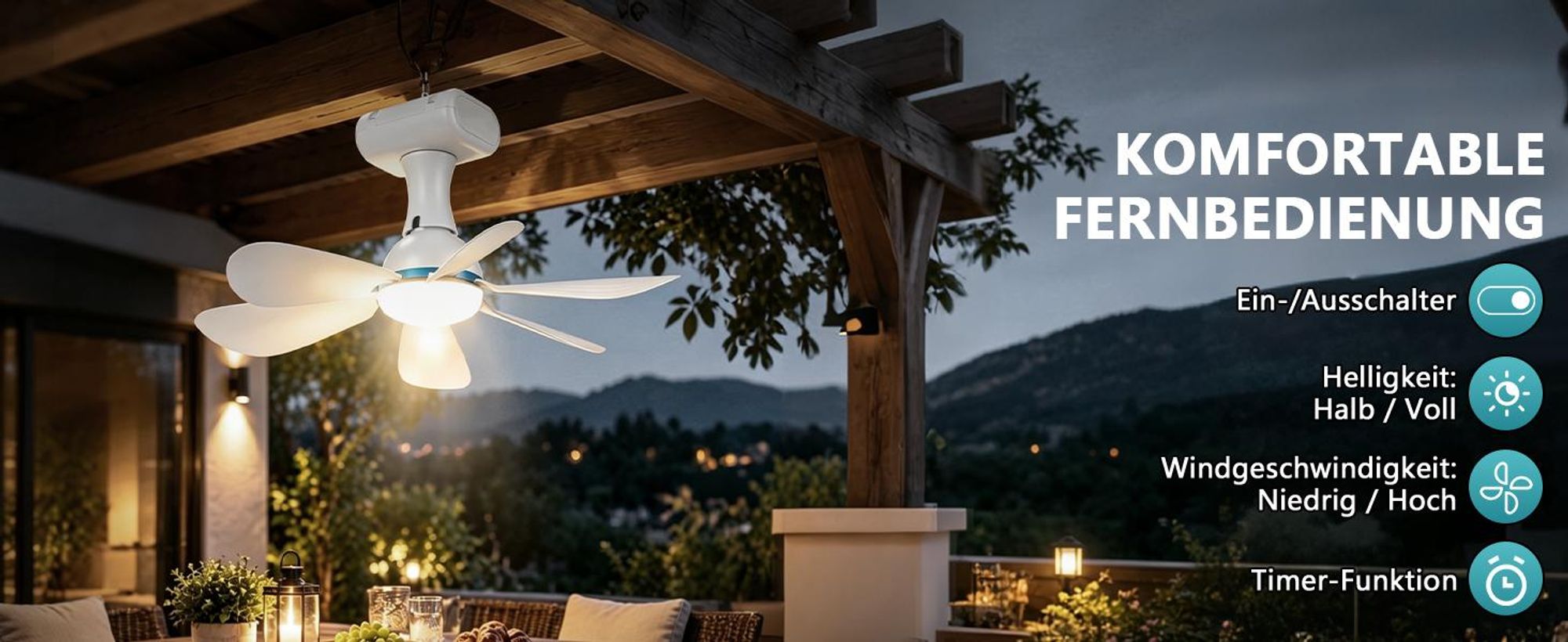 Solar Deckenventilator mit Beleuchtung, 13W Solarpanel & 6000mAh Akku, 3 Stufen Camping Ventilator mit Timer FB für Outdoor, Pavillon, Gewächshäuser
