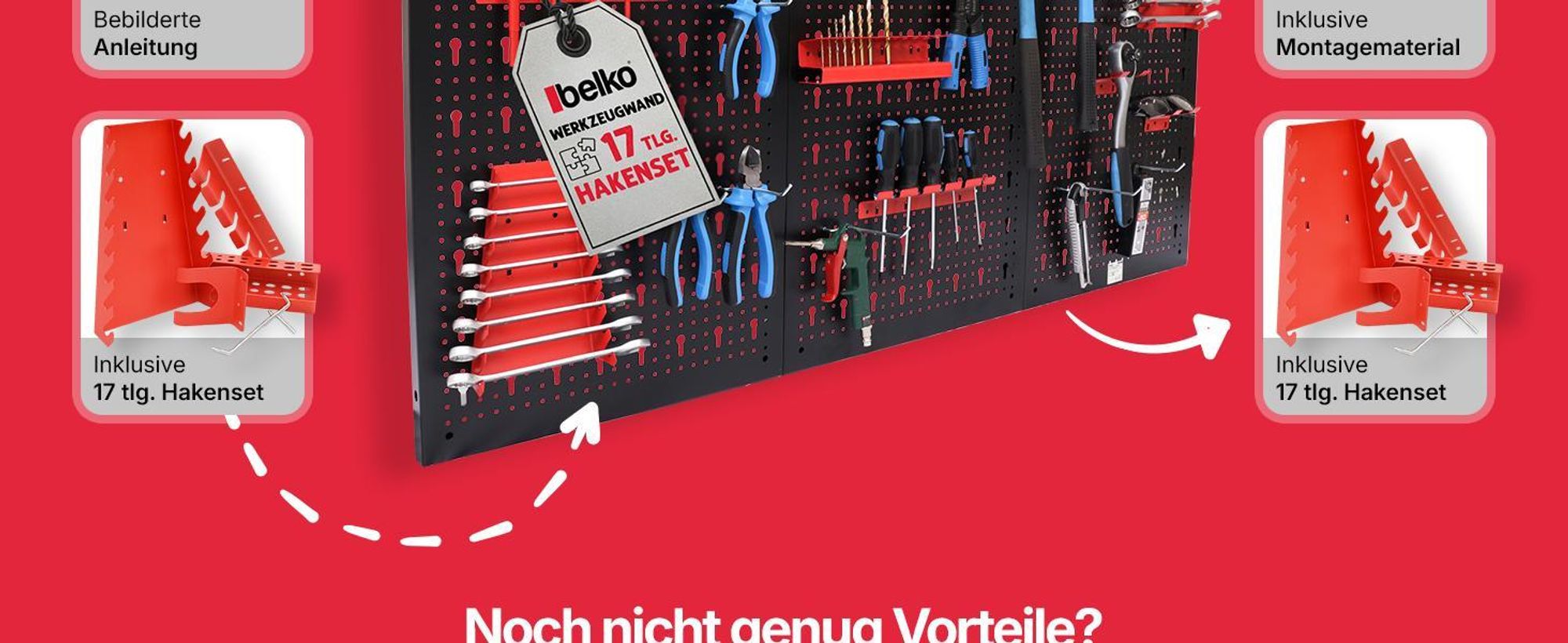Belko® Werkzeugwand Grau 120x60 cm | Metall Pegboard mit 17-teiligem Haken & Regal | Werkstatt, Garage, Keller