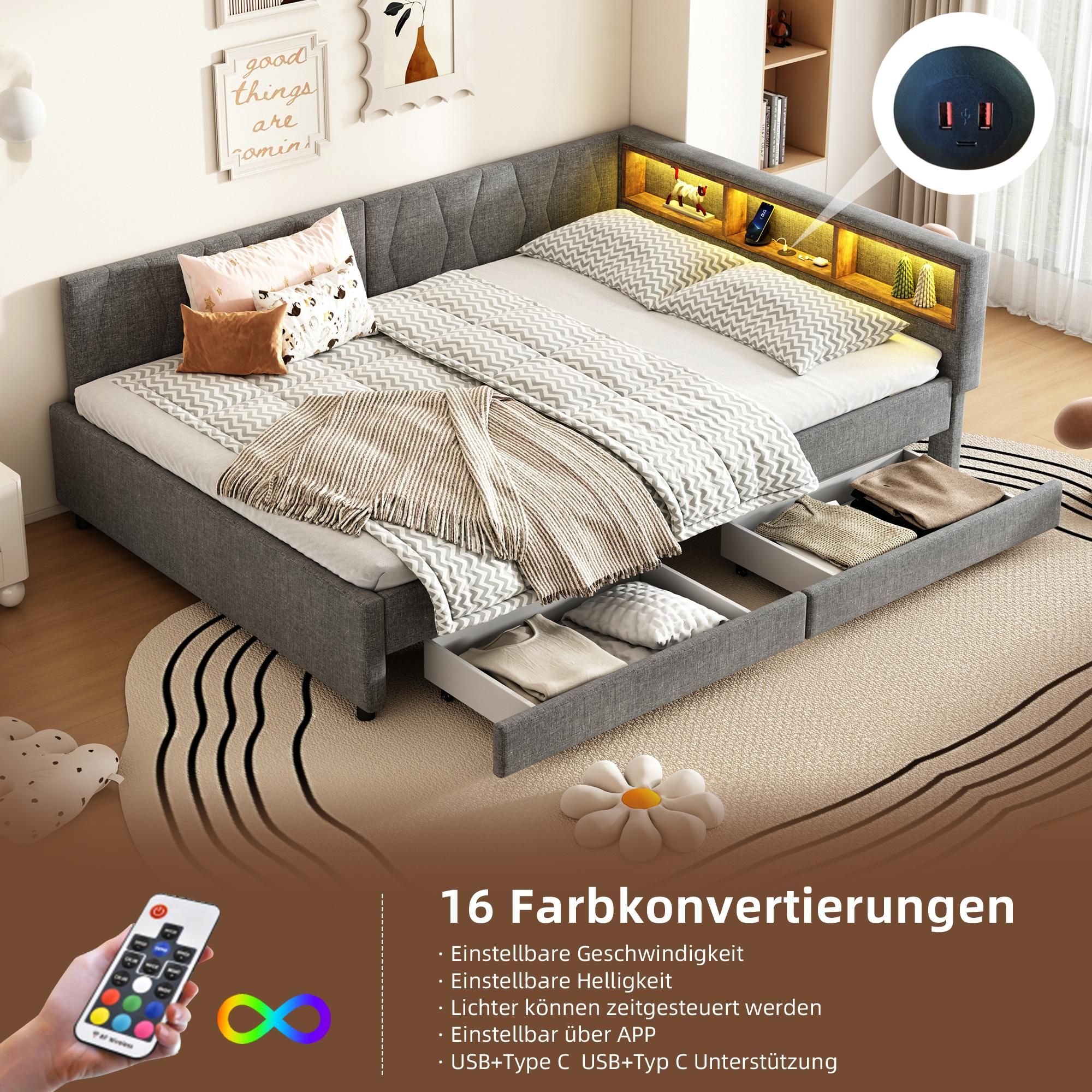 Merax Tagesbett Daybett 140x200 cm, Schlafsofa mit LED, USB+Typ C, 2 Schubladen, Ablagefach, Schlafsofa, Leinen Polsterbett, Grau
