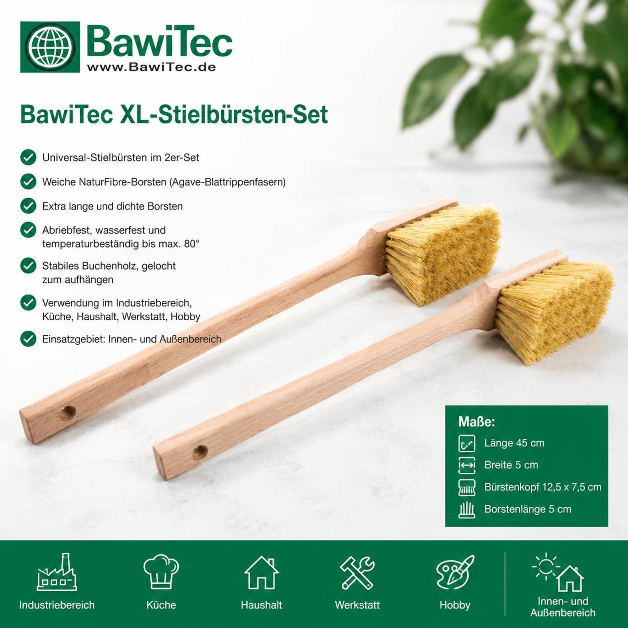 2 Stielbürsten XL Langstiel Reinigungsbürsten 45cm Lang gelbe Naturfibre Borsten Langstielbürsten Büsten-Set Scheuerbürsten mit langem Stiel