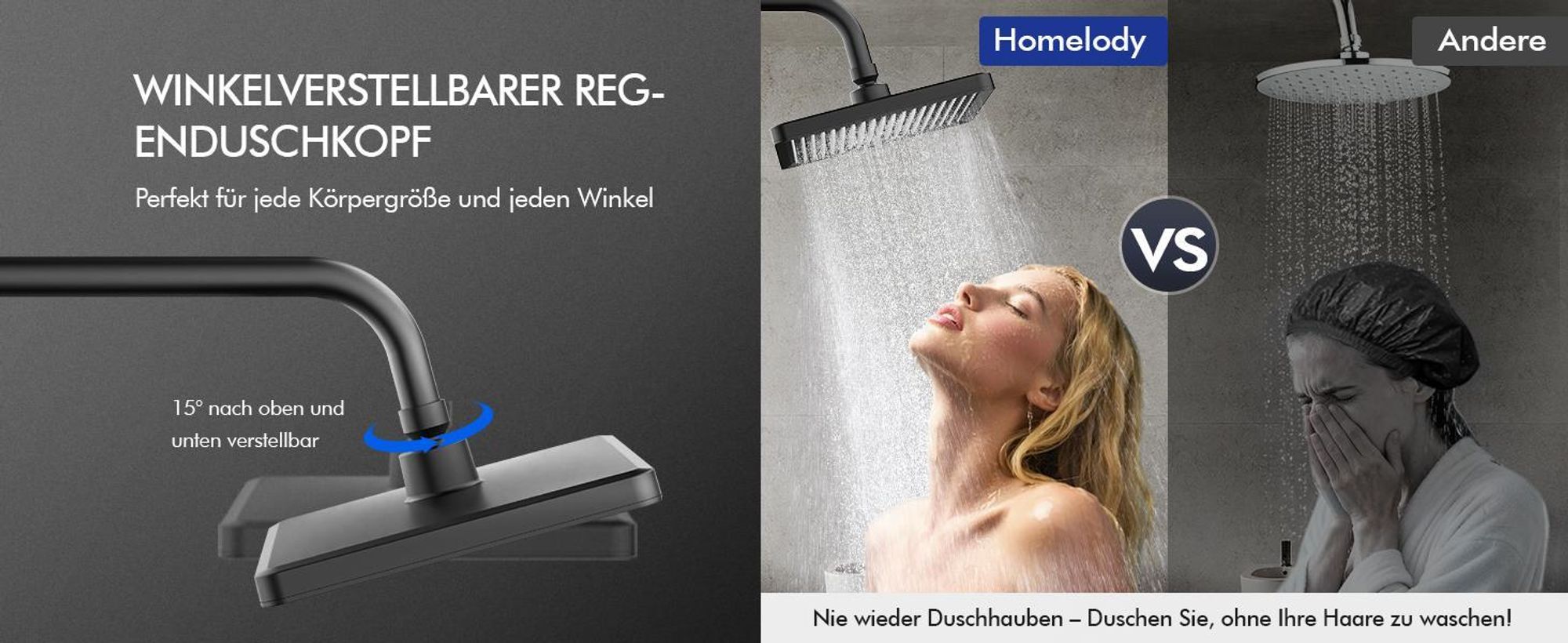 HOMELODY Duschsystem mit Thermostat und Glasablage Schwarz, 30x20cm Groß Kopfbrause, 3 Strahlarten Handbrause, Klavierknöpfen Duscharmatur Komplettset