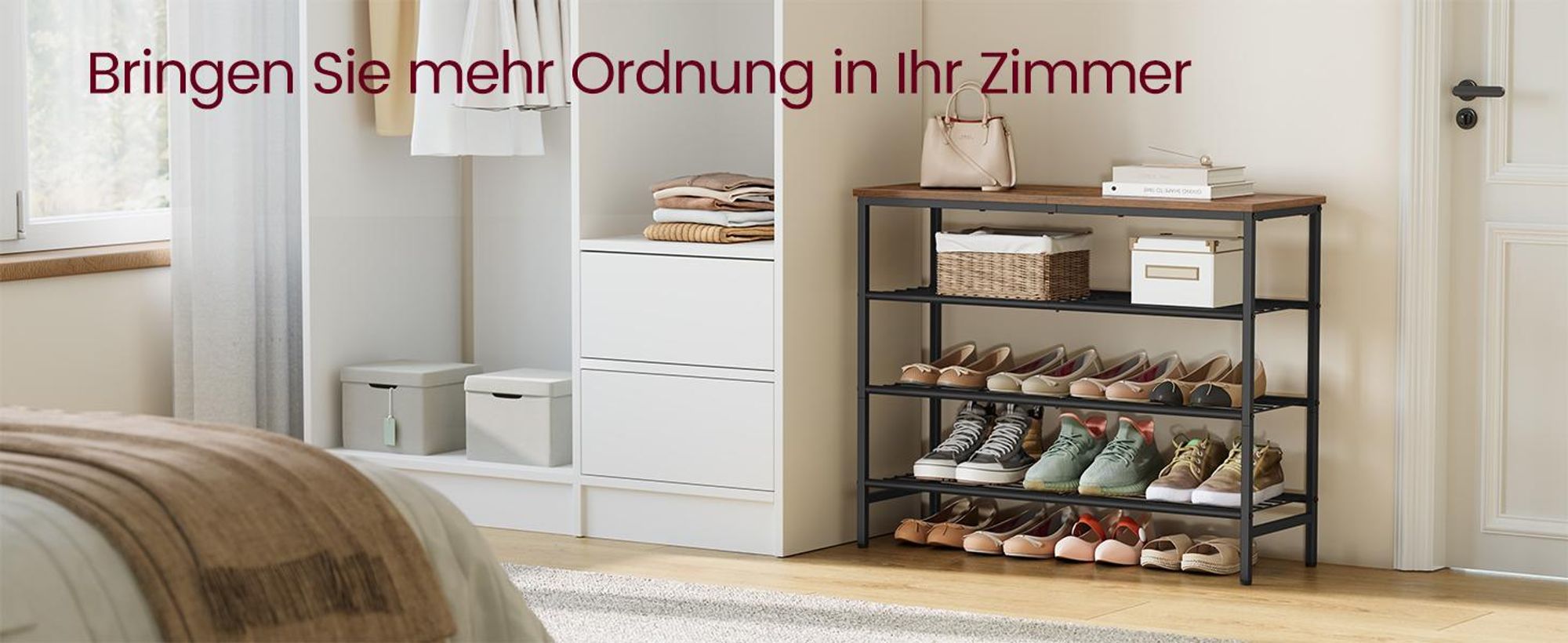 VASAGLE Schuhbank, Schuhaufbewahrung, Schuhregal, Metallrahmen, 4 Ebenen, für bis zu 12-16 Paar Schuhe, braun-schwarz