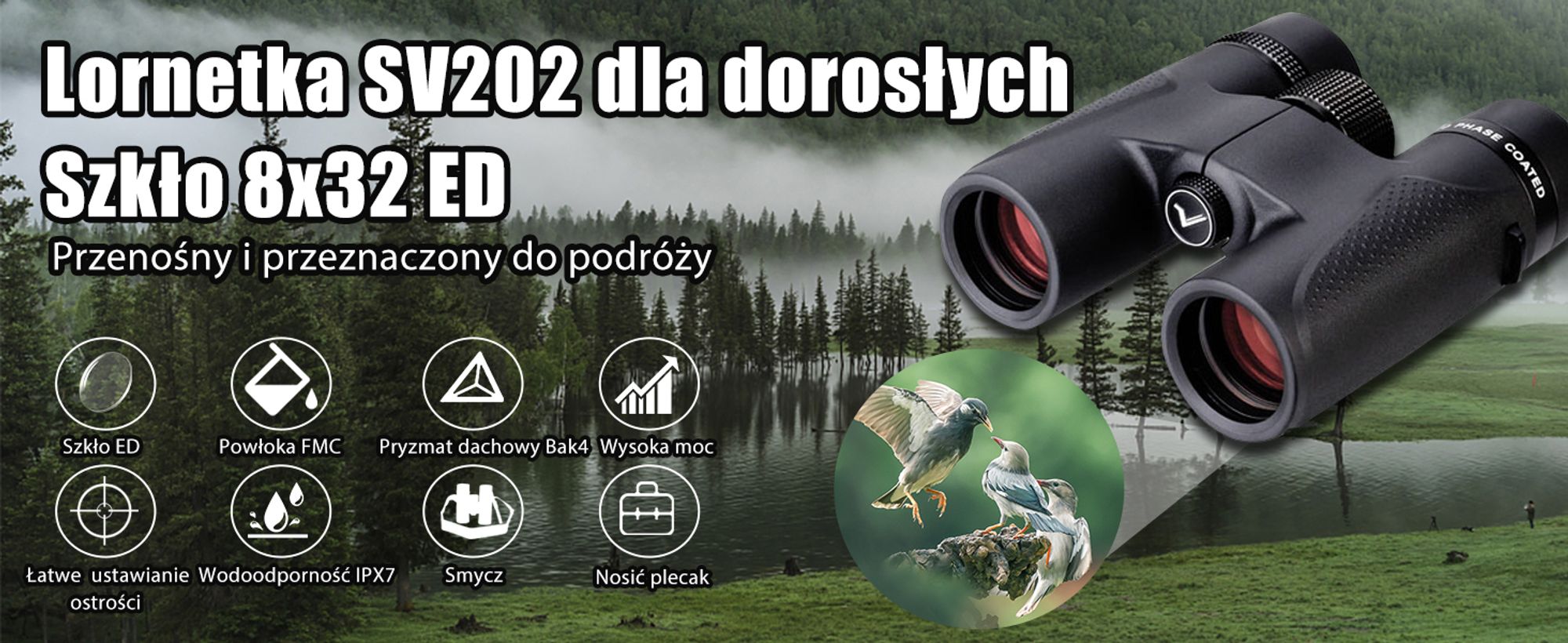 Lornetka Svbony SV202, 8x32, mała, szkło ED pryzmat BAK4 Wodoodporna lornetka z szerokim polem widzenia dla dorosłych Birdwatching Hunting