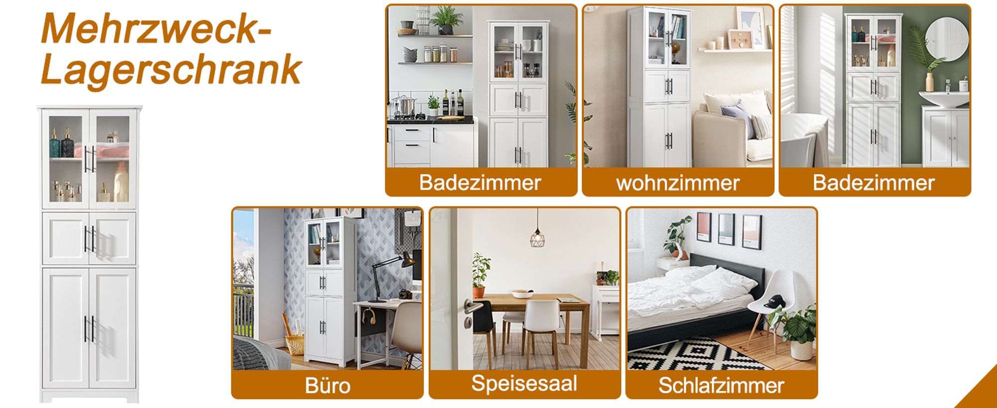 FCH Hochschrank Badezimmerschrank,Küchenschrank mit 6 Türen, mit Verstellbaren Ablagen, Weiß 60 x 30 x 170cm