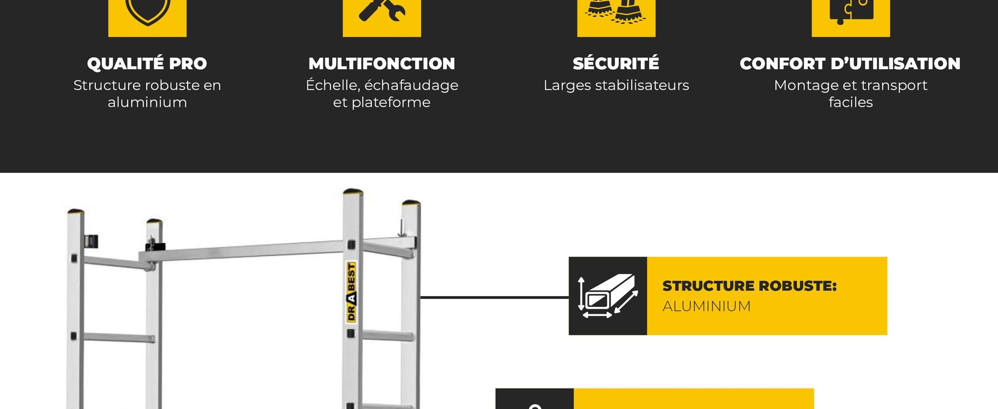 Drabest | Échafaudage en aluminium - Échafaudage en aluminium 2x7 - Échafaudage échelle - Charge admissible de la plateforme : 150 kg - Dimensions de