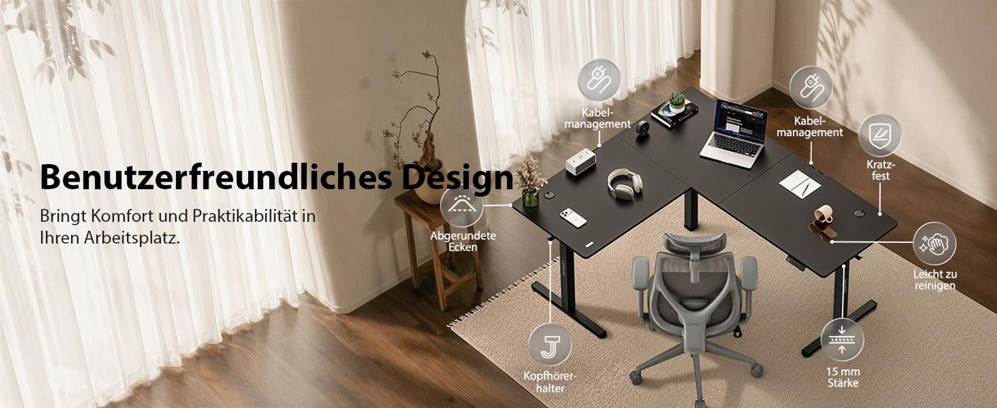 SENSE7 NOJO Light Corner Eckschreibtisch Elektrisch Höhenverstellbar 160x140 L-Form Stehschreibtisch Doppelmotor Memory Tischgestell Schwarz