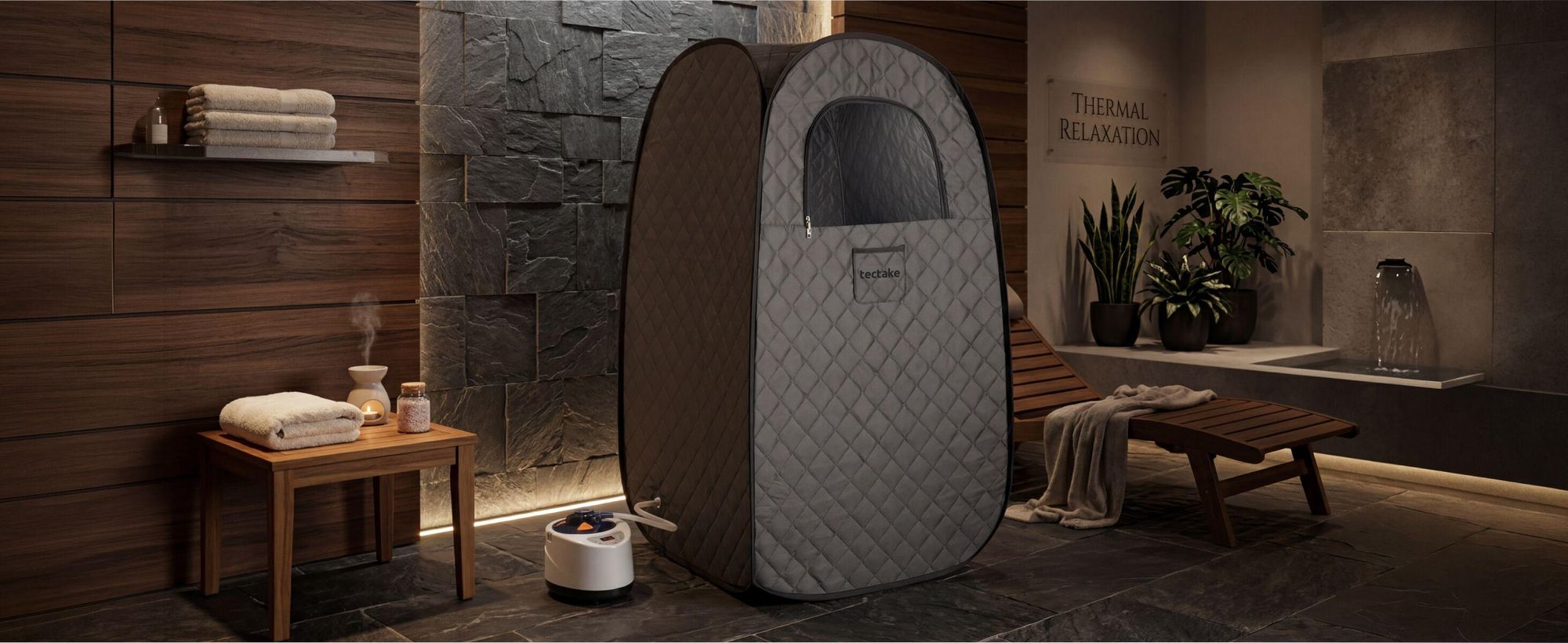 tectake® Mobile Dampfsauna ThermaLuxe I 2 l Dampfgenerator mit 1000 W inkl. Fernbedienung, Matte, Klappstuhl und Tragetaschen