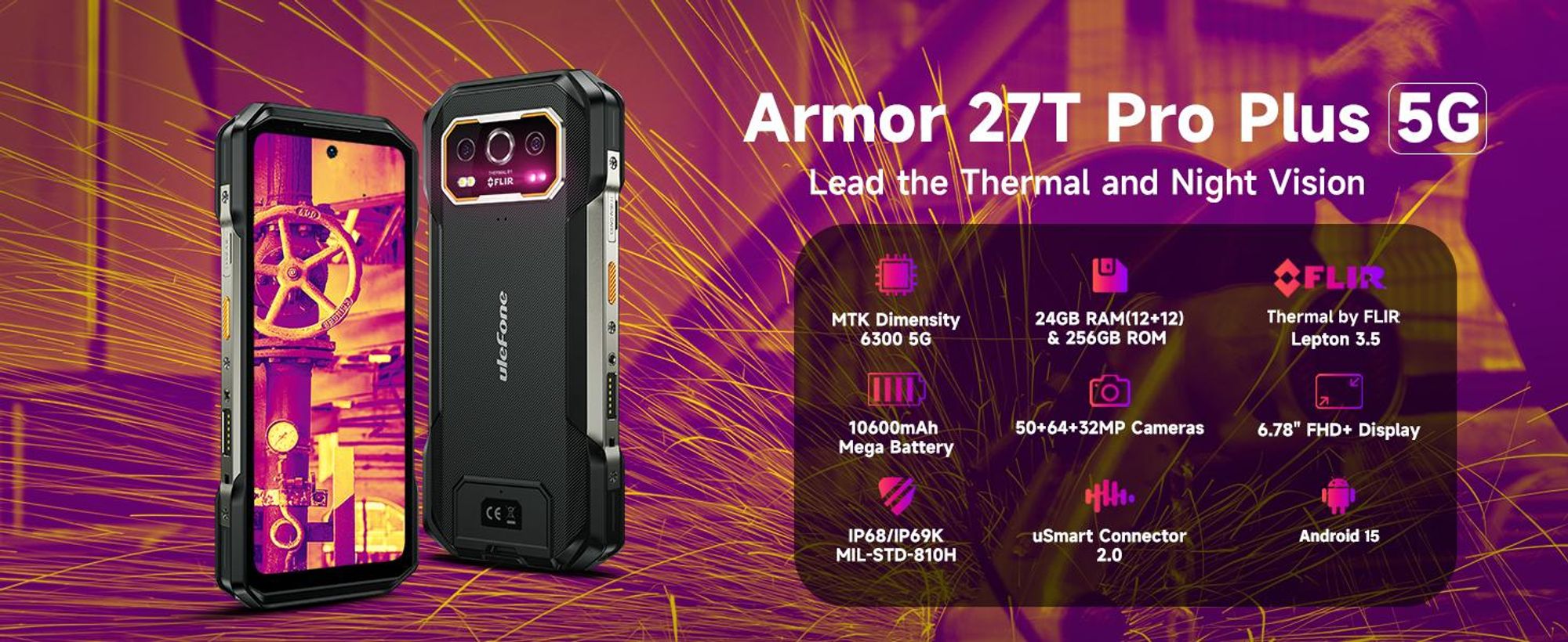 Ulefone Armor 27T Pro+ Outdoor Smartphone 5G Android 15 Handy 24GB+256GB/SD-2TB 10600mAh/33W, 6.78'' FHD+ 120Hz mit Wärmebildkamera, 64MP/GPS/NFC/OTG