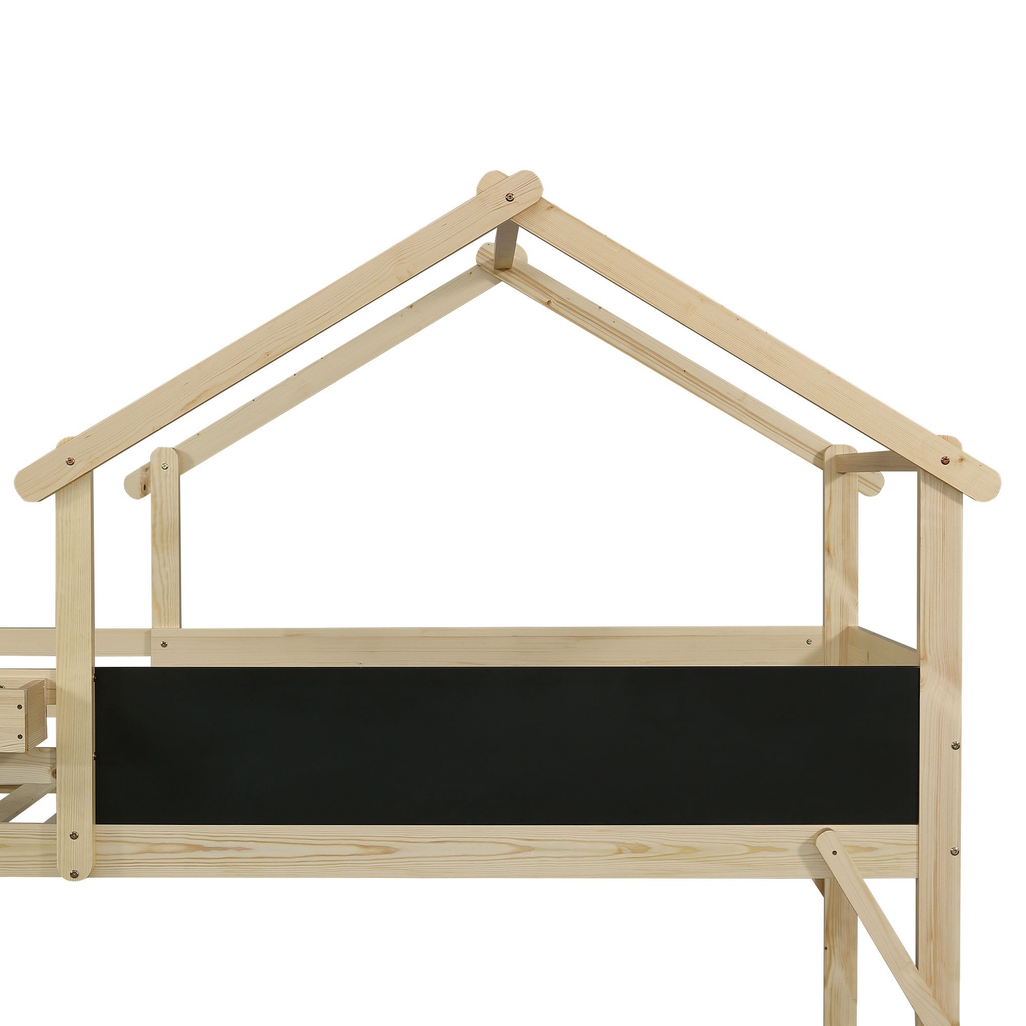 Flieks Etagenbett 90x200cm mit Kreidetafel, Kinderbett Hausbett mit Regal und Rausfallschutz, Hochbett Stockbett mit Lattenrost, Einzelbett Holzfarbe