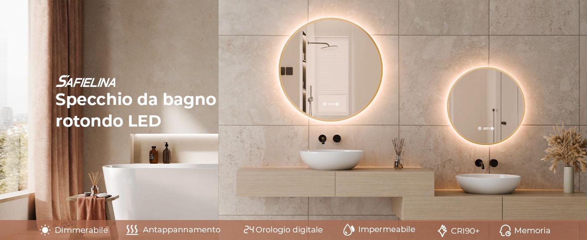 S'AFIELINA Specchio da bagno LED Rotondo 60cm, touch, antiappannamento, dimmerabile, orologio, temperatura, memoria, oro