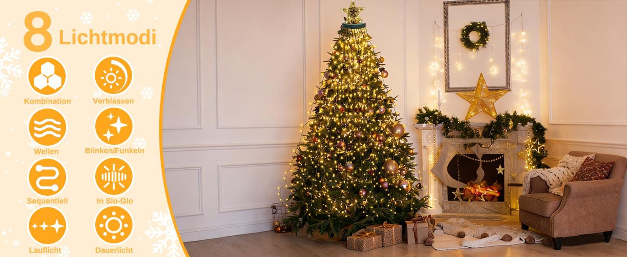 2M Weihnachtsbaum Lichterkette mit Stern 410 LED 8 Lichtmodi Christbaum Lichternetz Wasserdicht Christbaumbeleuchtung