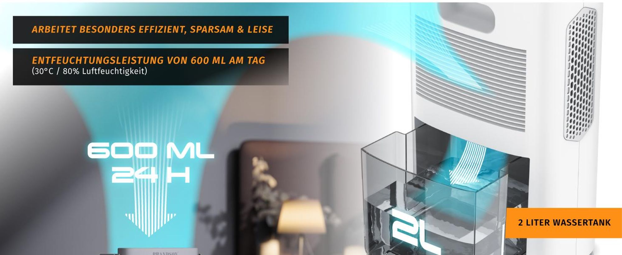 Brandson Luftentfeuchter elektrisch, Raumentfeuchter, klein & leise, Wassertank 2000 ml, für 20 m³ Räume, Entfeuchtung 0,6 l/Tag, Tank 0,6 l, Entfeuchter Peltier Dehumidifier für Wohnung, Badezimmer, Schlafzimmer