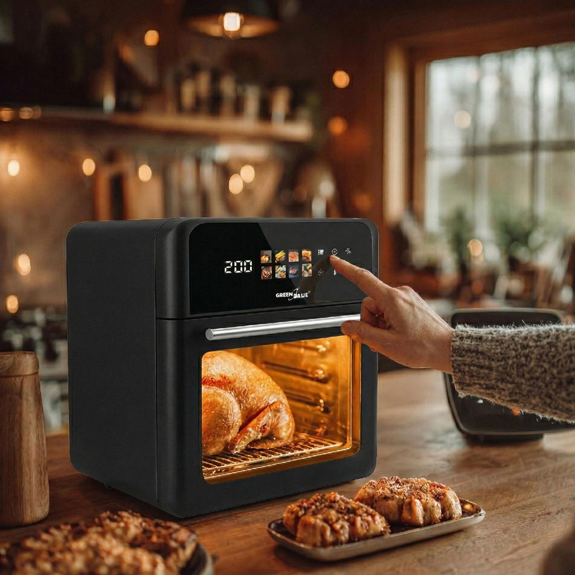 GreenBlue AIR FRYER Heißluftfritteuse 1800 W 10 l Fassungsvermögen 8 Programme Zubehör Timer GB950