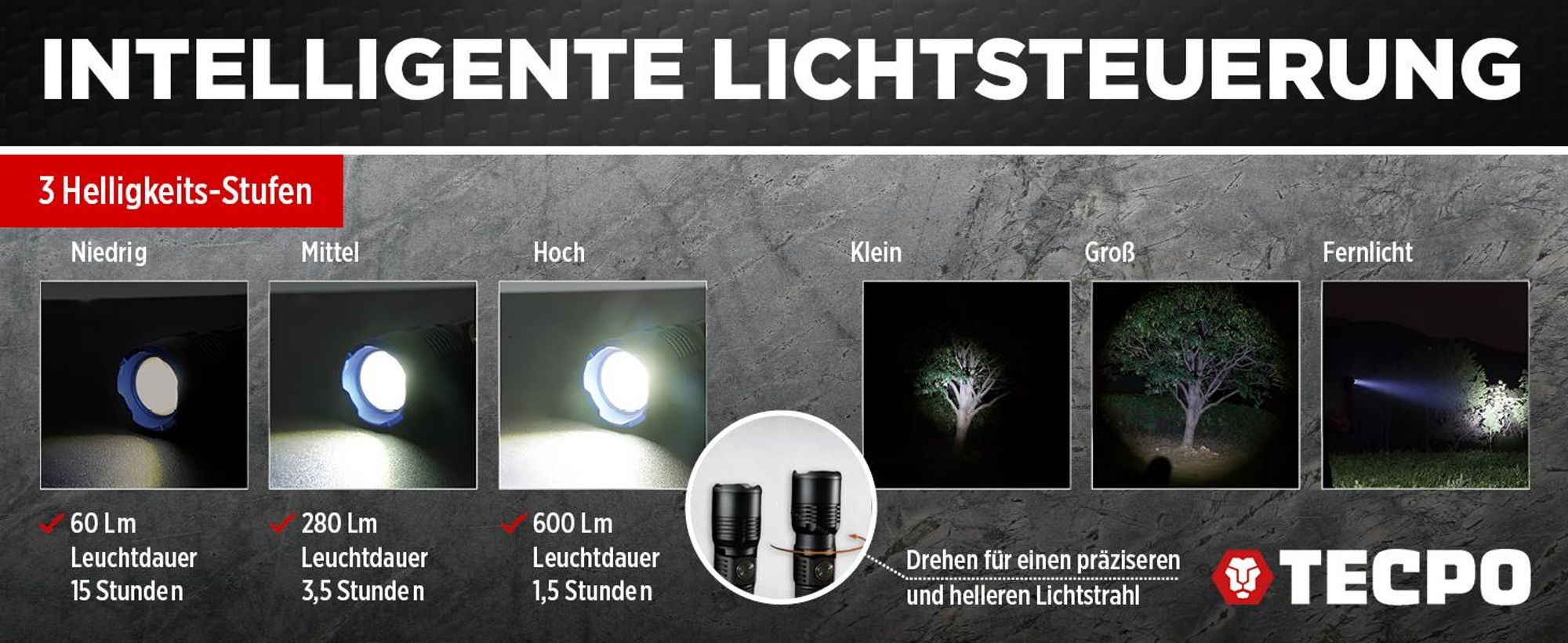 TECPO Taschenlampe mit Ladestation 250 Meter Leuchtweite 600 Lumen 7500K 15 Stunden Betriebsdauer