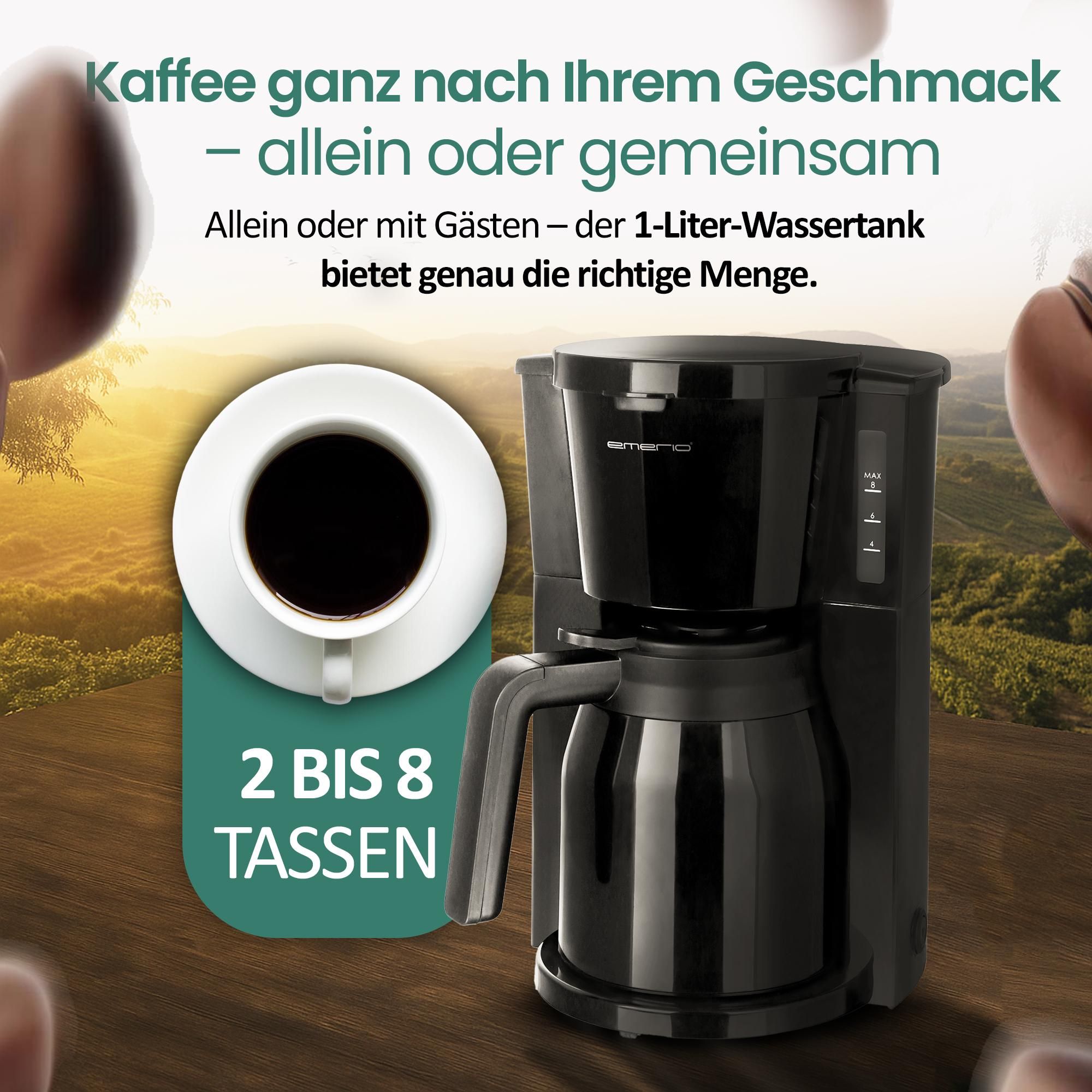 Emerio Kaffeemaschine mit doppelter Thermokanne – 1 L Filterkaffee – 8 Tassen – Tropf-Stopp-System – auch für Camping geeignet – CME-125050 - Schwarz