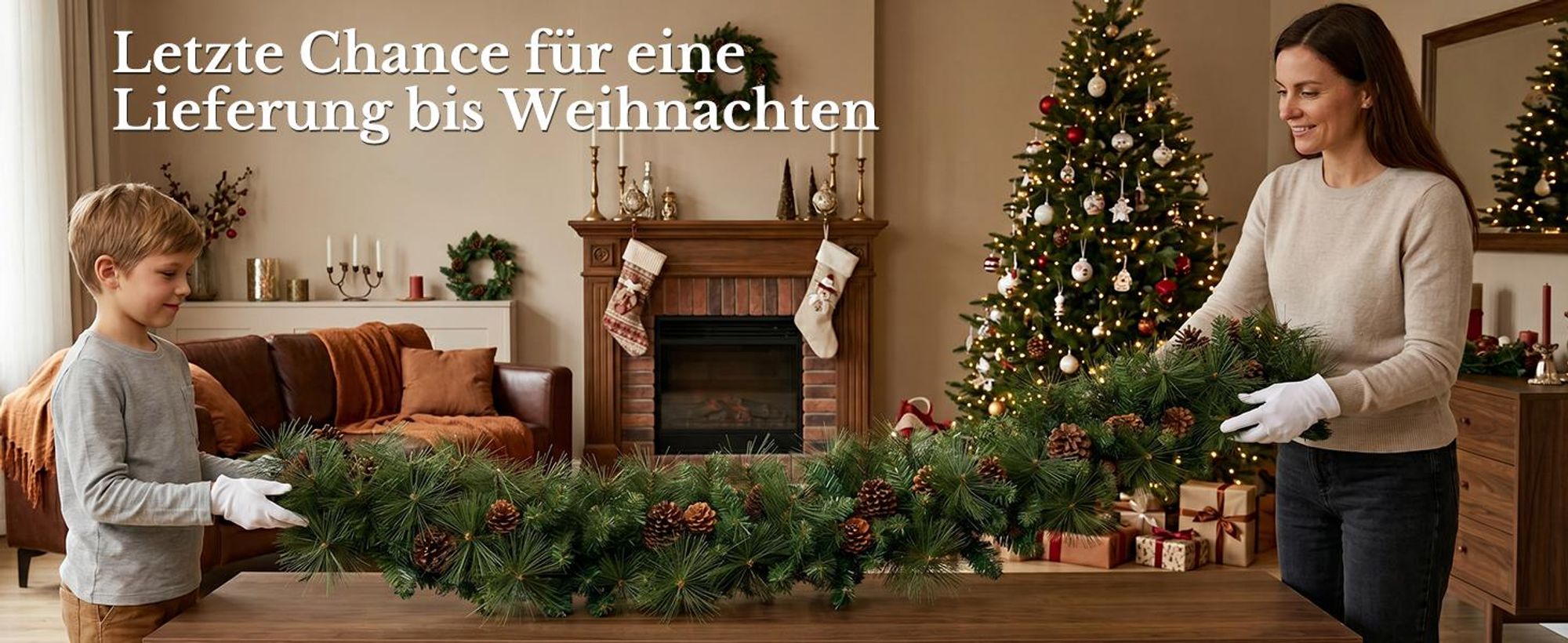 HOKEEPER Weihnachtsgirlande 180 cm mit grünen PVC-Nadeln & Zapfen