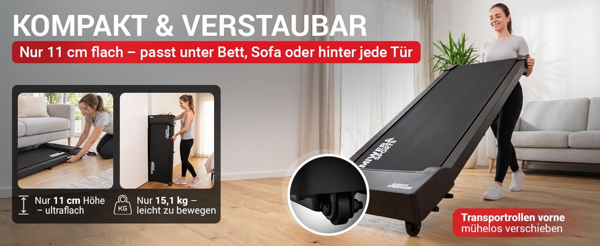 Miweba Sports Walking Pad WP80 | Laufband für Zuhause - Schreibtischlaufband 1-6 km/h - mit Fernbedienung - LED Display - 9 % Steigung - bis 100 kg