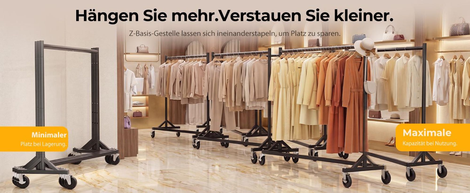 HOKEEPER Kommerzieller Kleiderständer mit Z-Ständer, Tragkraft 182 kg, robuster Kleiderstange auf Rollen, schwarz