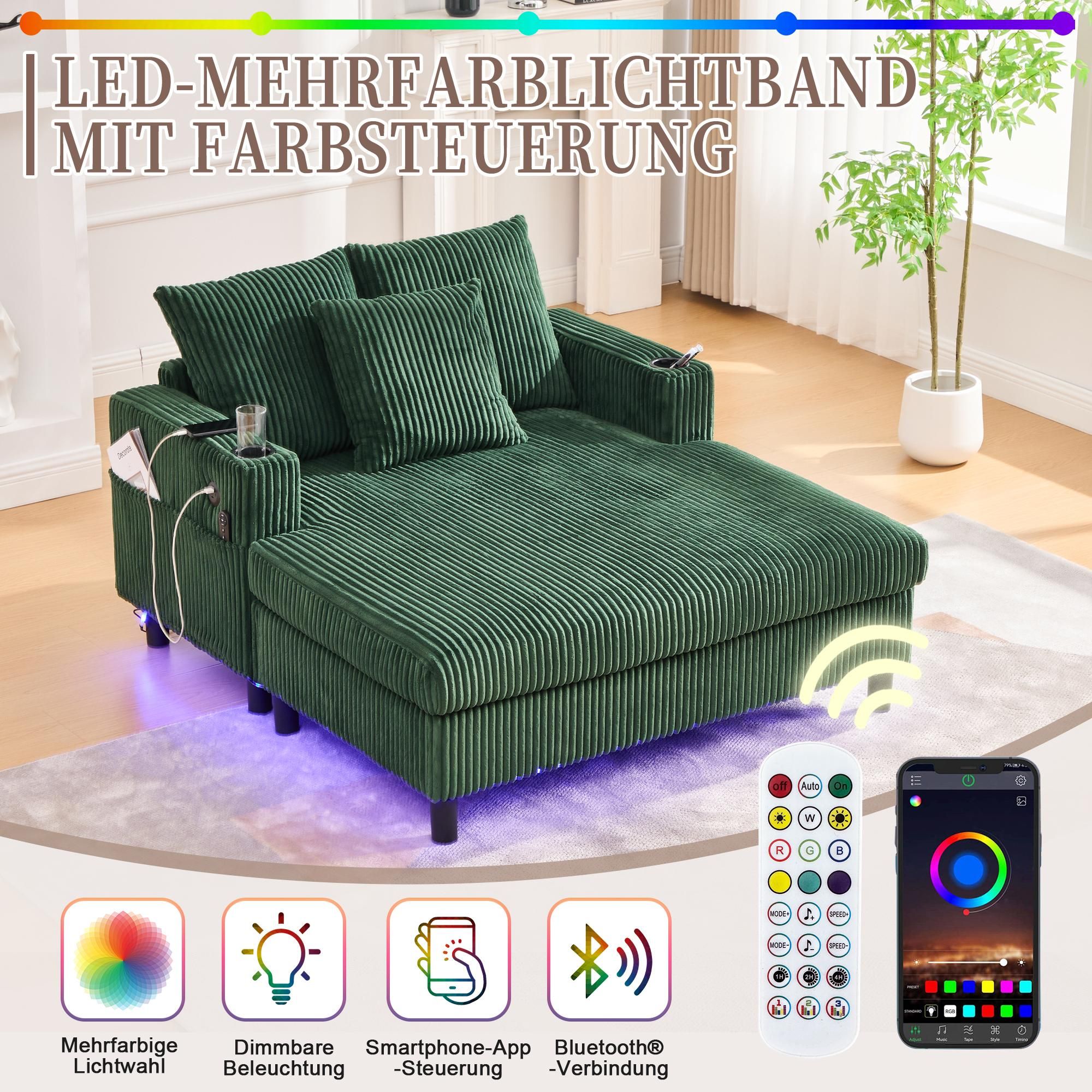 MODFU Chaiselongue mit LED-Ambiente und USB-Anschlüssen,Loungesofa Relaxsessel für Wohnzimmer, Schlafzimmer,Polstersessel Sofa mit seitlichen Getränkehaltern,Smaragd
