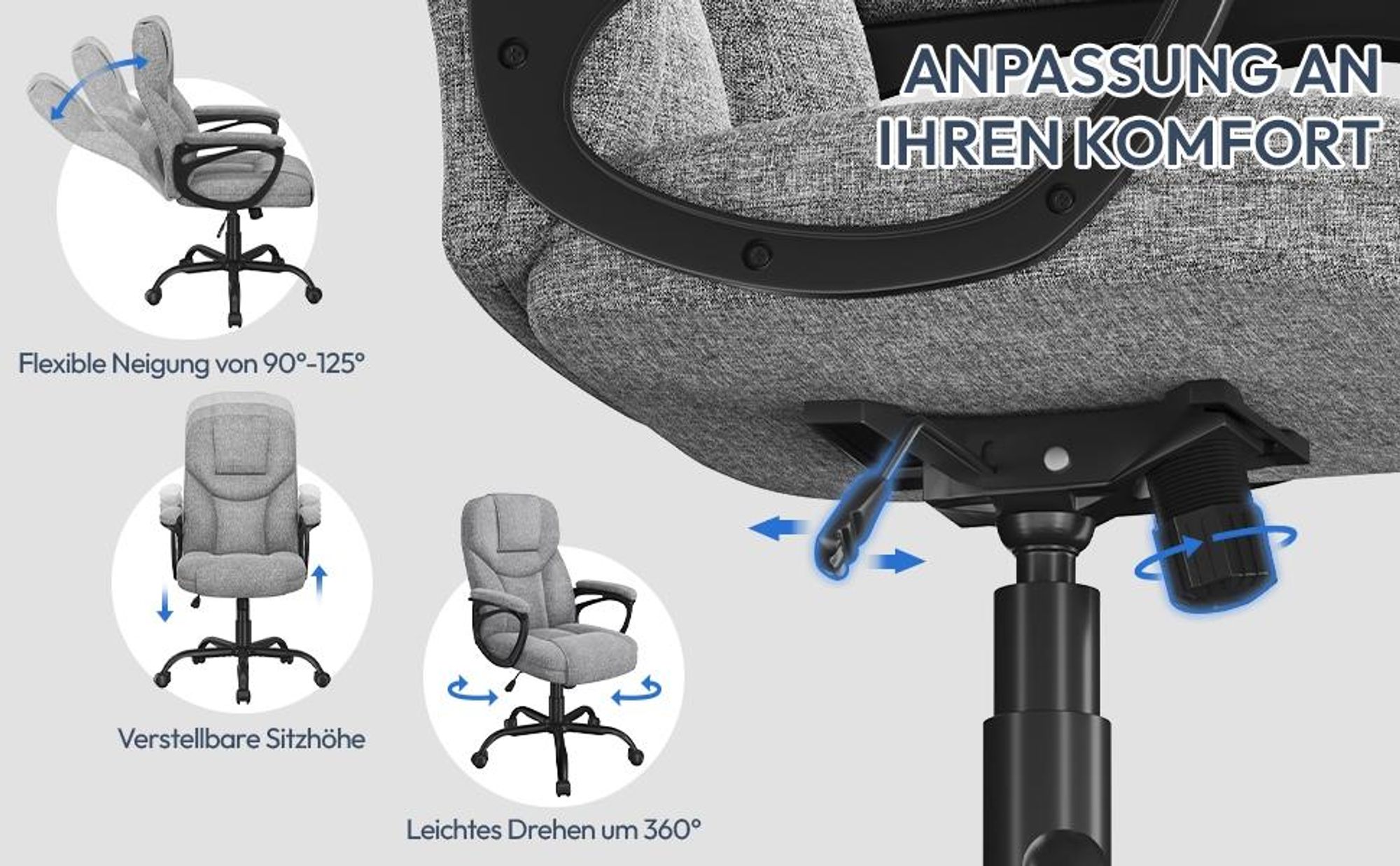 Yaheetech Bürostuhl Computerstuhl, ergonomischer Drehstuhl, bis 136 kg, höhenverstellbar, Wippfunktion, Grau