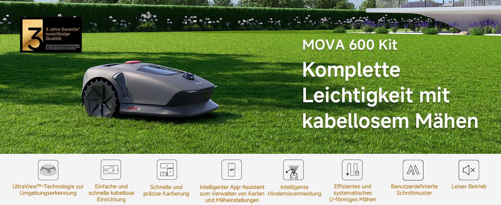 MOVA 600 Robot tondeuse Kit 81 lames, installation sans fil, cartographie 3D-LiDAR 600 m², évitement obstacles, contrôle via app