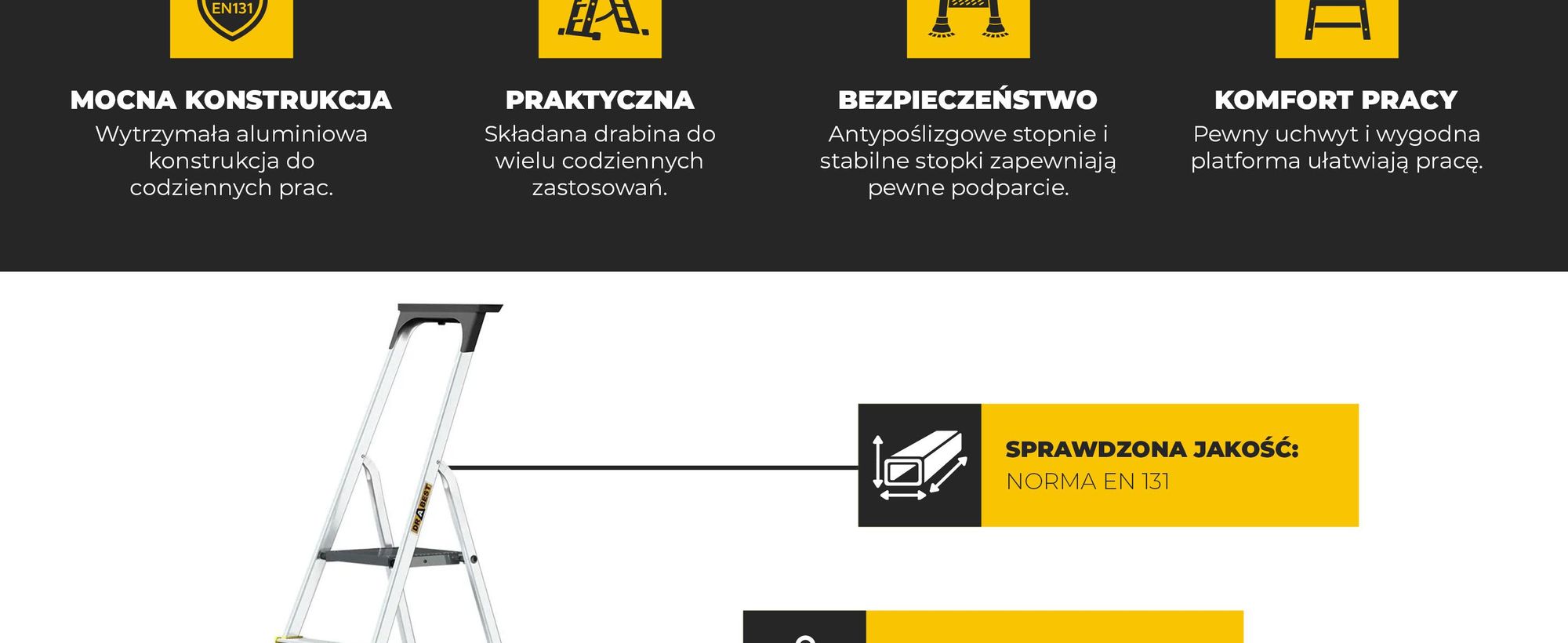Drabest | Drabina składana - 8 stopni, nośność 150kg - aluminiowa, schodowa, antypoślizgowe nóżki, z półką