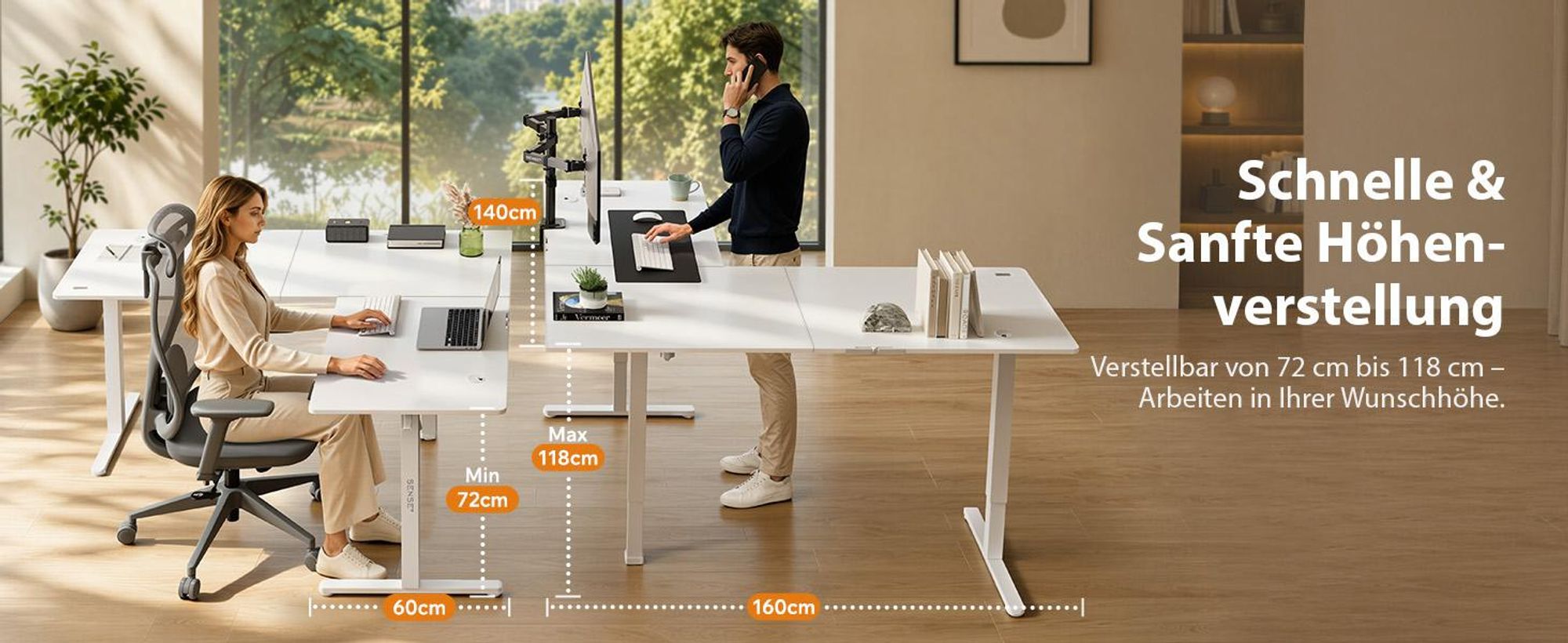 SENSE7 NOJO Light Corner Eckschreibtisch Elektrisch Höhenverstellbar 160x140 L-Form Stehschreibtisch Doppelmotor Memory Tischgestell Weiß PC Tisch