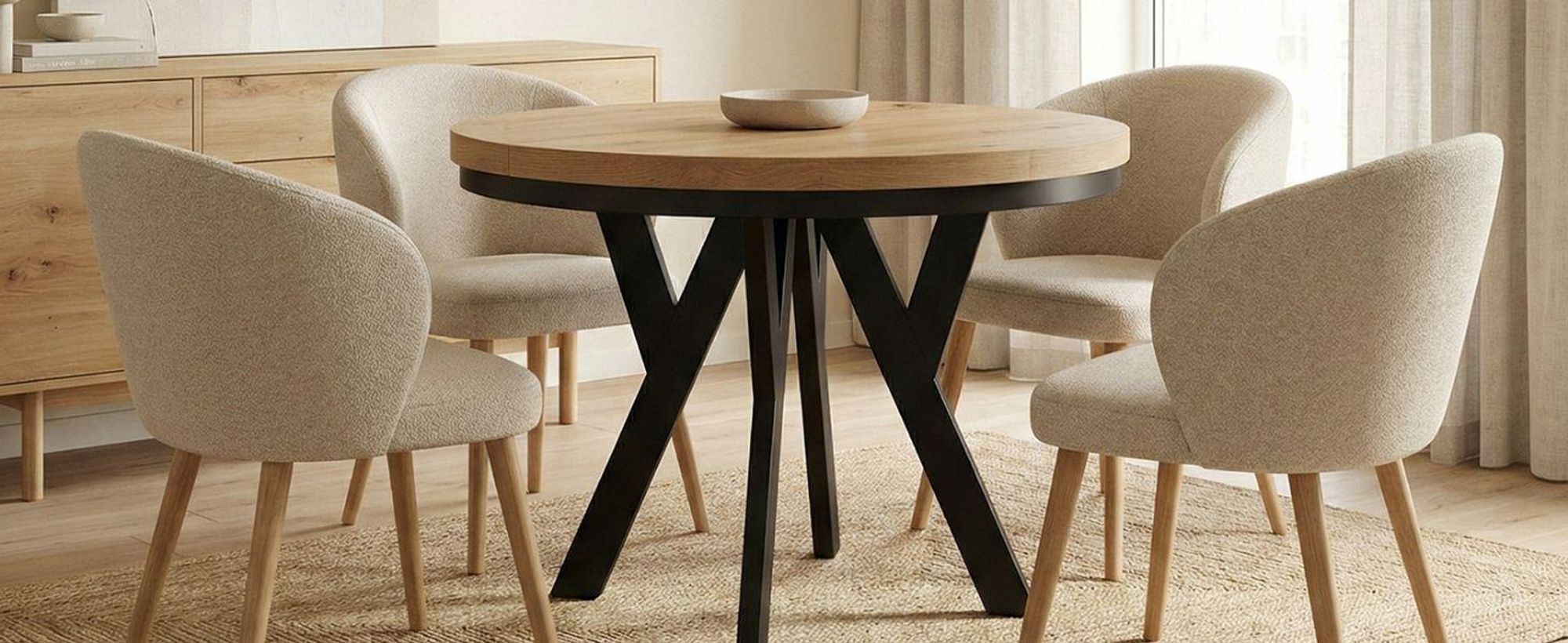 Runder Ausziehbarer Tisch für Esszimmer, PERO, Loft-Stil, Skandinavische, Durchmesser: 100 / 150 cm, Farbe: Eiche Sonoma / Schwarz