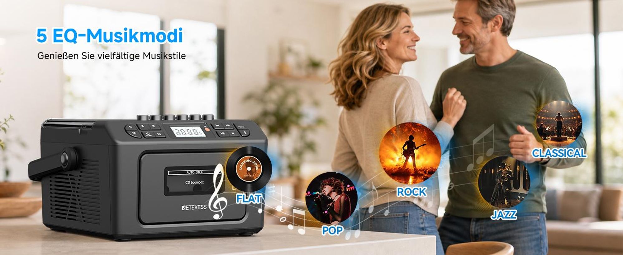Retekess TR642 CD Player mit Kassette,3W Lautsprecher,Stereo, Bluetooth,AM/FM-Radio,AUX,5000mAh Akku,Boombox Kassettenspieler für Kinder Erwachsene