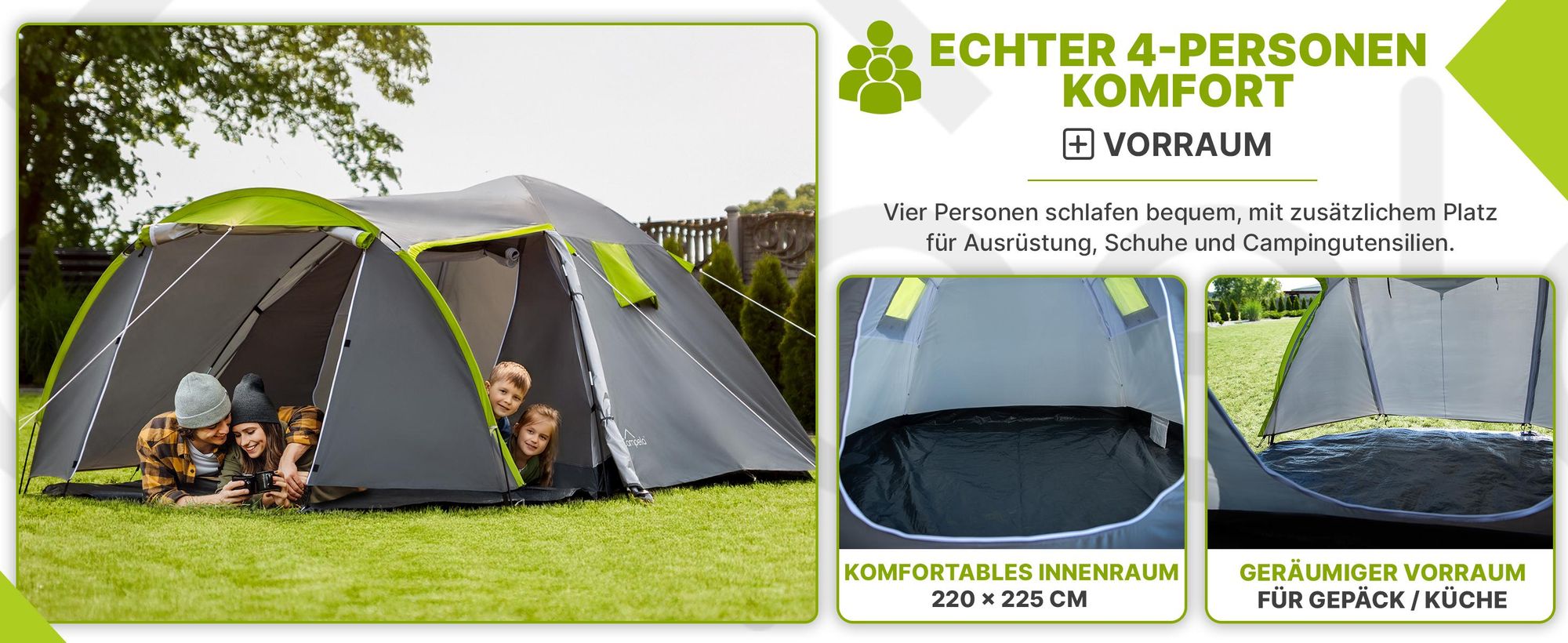 Campela Tropical 4 Familienzelt – 4-Personen-Kuppelzelt mit Vorraum – wasserdicht 3000 mm – leicht & kompakt für Camping