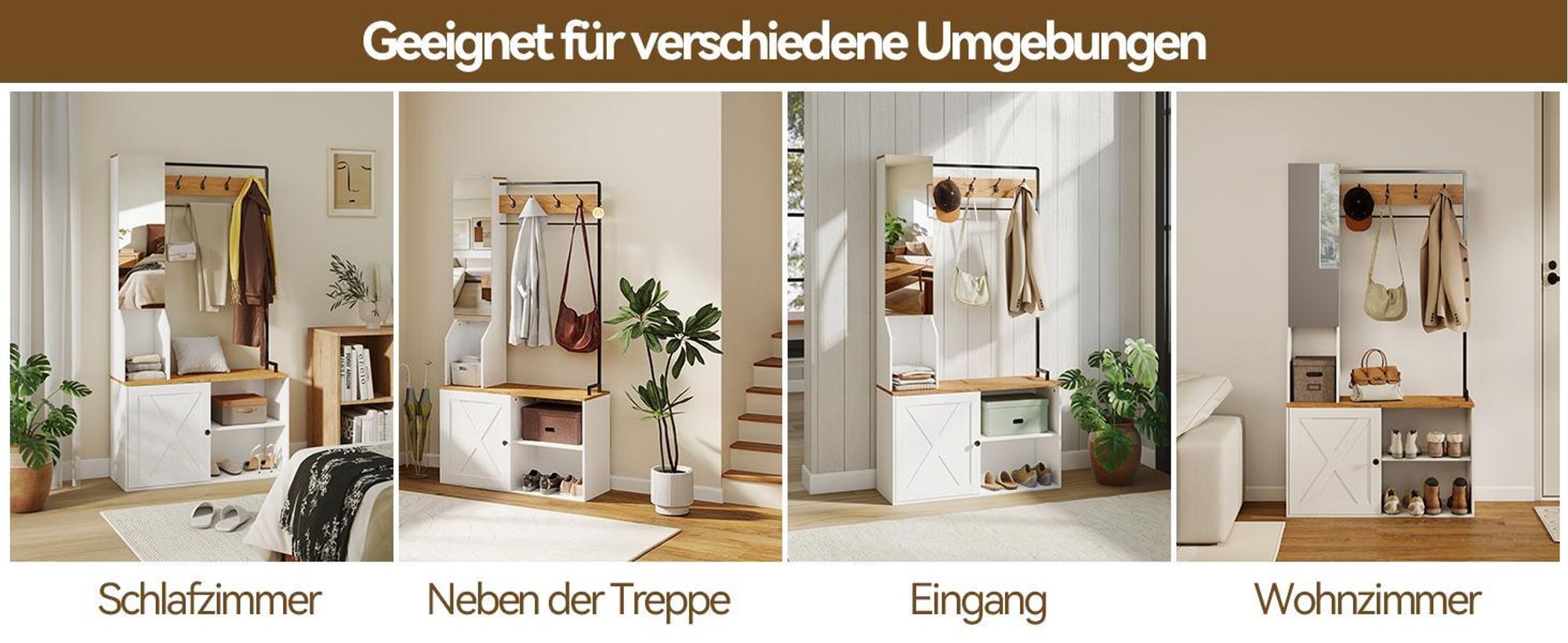 Puluomis Garderobe mit Spiegel & Schuhbank, Multifunktions-Kleiderständer mit Aufbewahrungsregal, 4 Doppelhaken, verstellbarem Schuhregal, 90cm weiß