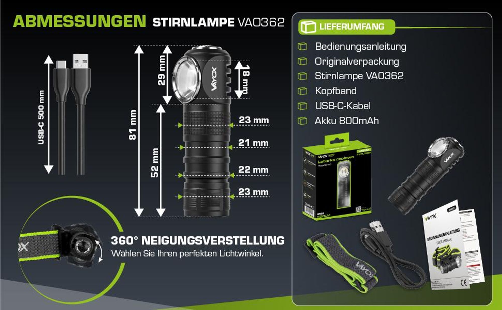 Vayox LED Stirnlampe VA0362 Explorer Pro Series | 500lm | SST20 10W + 2xSMD | IP66 | 5 Modi | USB-C | Schwarz