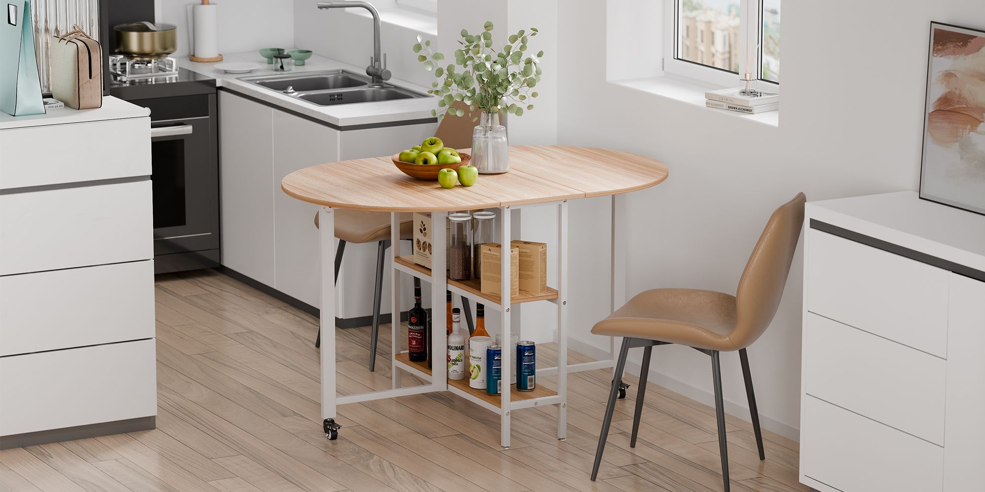 Mondeer Klappbarer Esstisch Küchentisch mit 2 Ablagen und Rollen 120 x 80 x 75 cm Eiche und Weiß