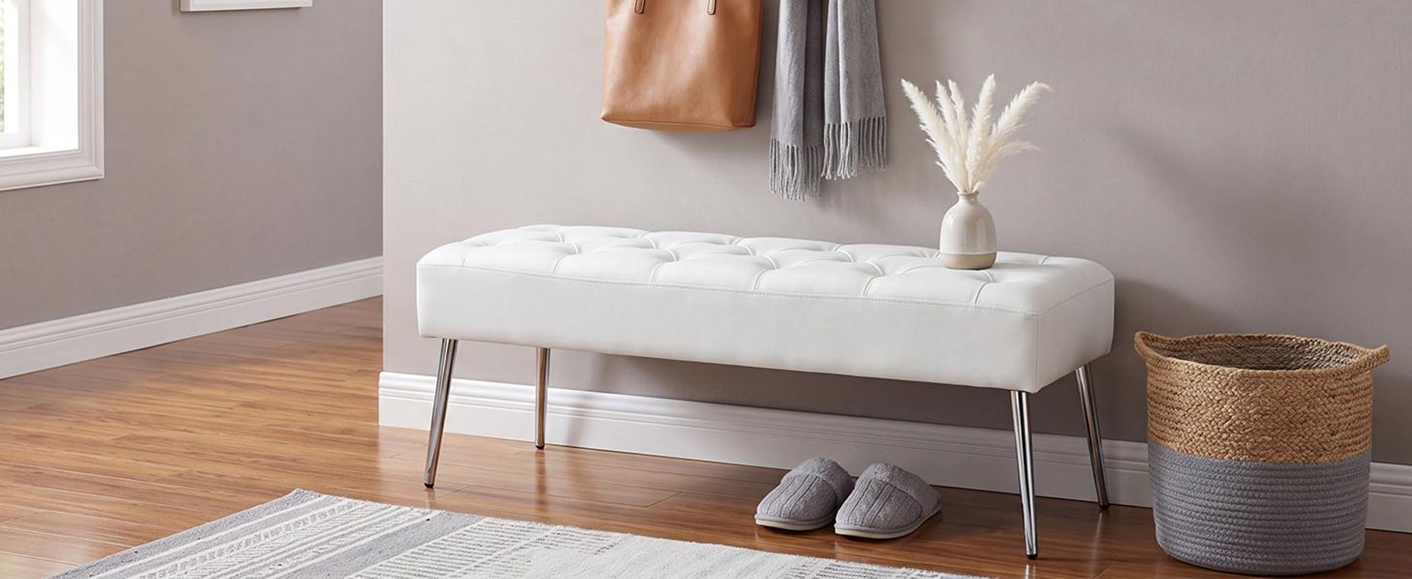 Duhome zitbank van kunstleer, gestoffeerde bank, make-up krukje, make-up tafel. Kleur: wit, materiaal: kunstleer